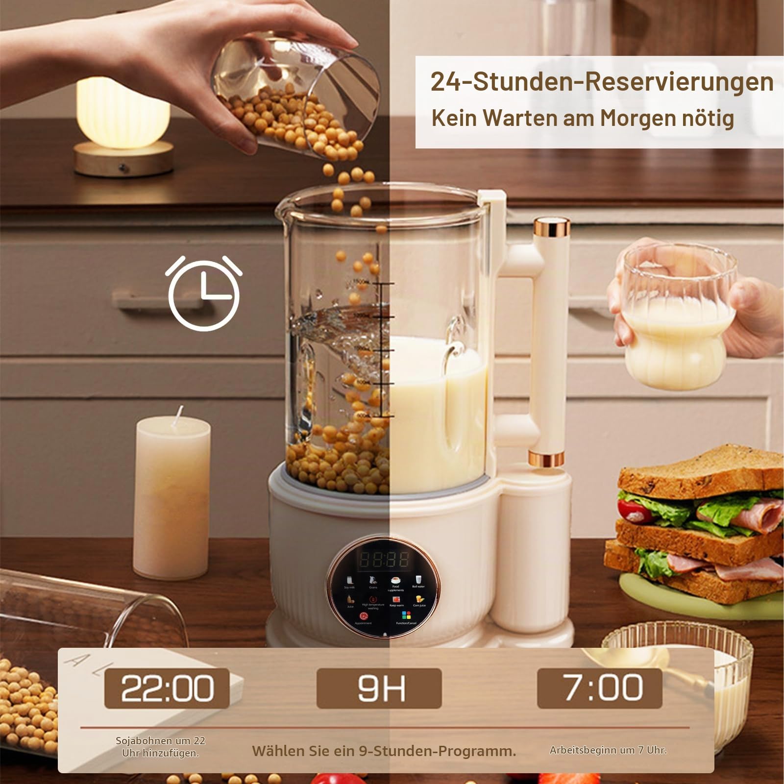 Nussmilchmaschine, Wandbrechender Maschine 1500 ml Automatische Sojamilch Maschine Smoothie und Saftmaschine mit Reinigungsfunktion Reservierung Funktion Pflanzenmilchbereiter mit 12 Klingen