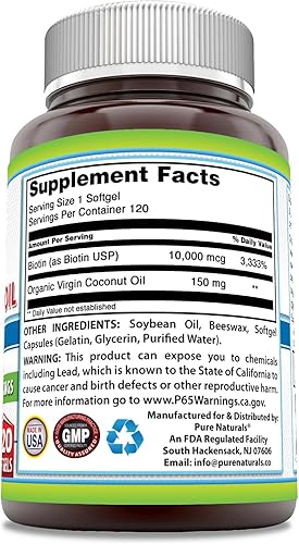 Miniatura 2 de Pure Naturals Biotin 10000 Mcg con aceite de coco orgánico extra virgen, 120 cápsulas blandas, sin OMG, sin gluten, fabricado en Estados Unidos