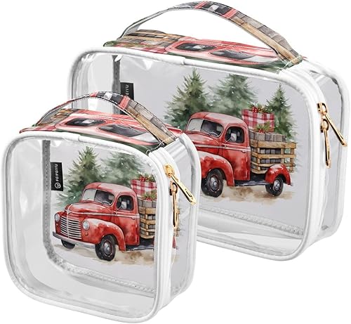Miniatura 2 de Bolsa de aseo transparente para camioneta, color rojo navideño, para viajes, paquete de 2 bolsas de cosméticos de maquillaje con cremallera, bolsa