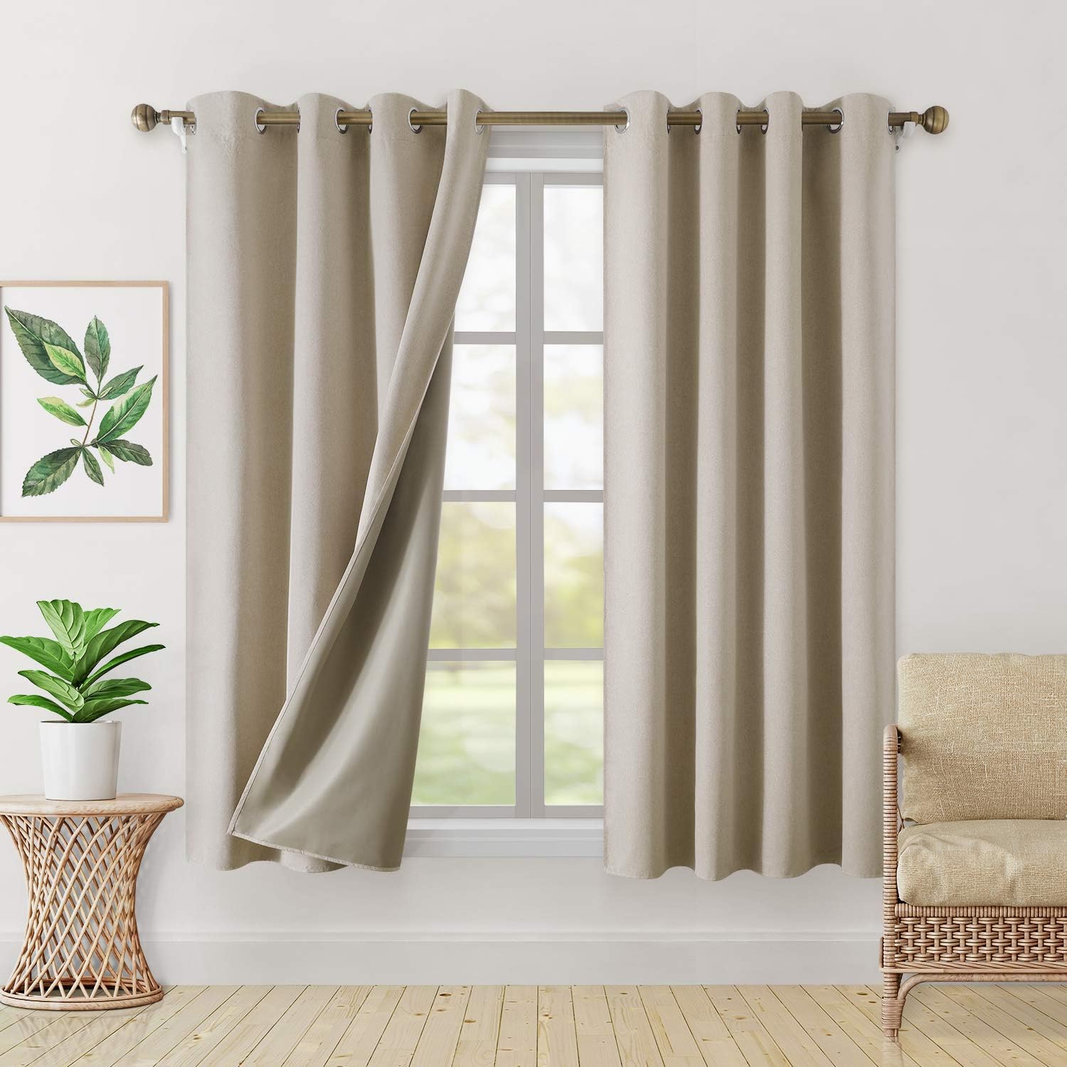 HOMEIDEAS 100% Blackout Curtains 63 Inch Length 2 Panels Natural Linen Textured Curtains Grommet Room Darkening Curtains/Drapes with Liner for Living Room/Bedroom