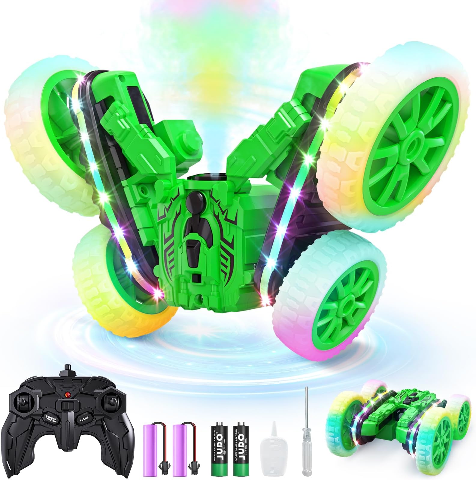 Remote Control Car,RC Cars with Sides Light and Headlights,360°Rotating 4WD Spray RC Stunt Car,2.4Ghz All Terrain Toy Car for Boys Age 4-7 Kids Toy for 8-12 Boys Girls Birthday Gift(Green)