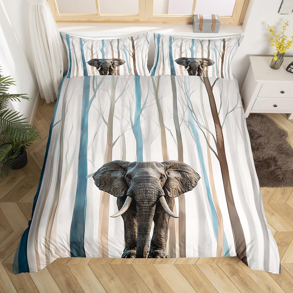 Erosebridal Elephant Comforter Cover Toddler,Brown Blue Abstract Tree Bed Set for Kids Teens,Woodland Animal Duvet Cover with Corner Ties