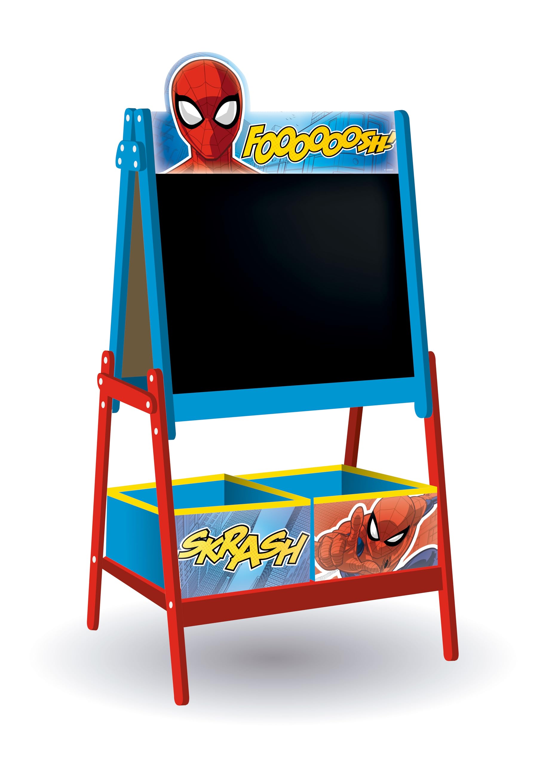 ARDITEX - Pizarra infantil de Marvel Spiderman con doble superficie para uso de tiza y rotulador y 2 contenedores textiles para almacenaje - 54x45x117cm - Contenedores de 24x30x15cm - Rojo y azul