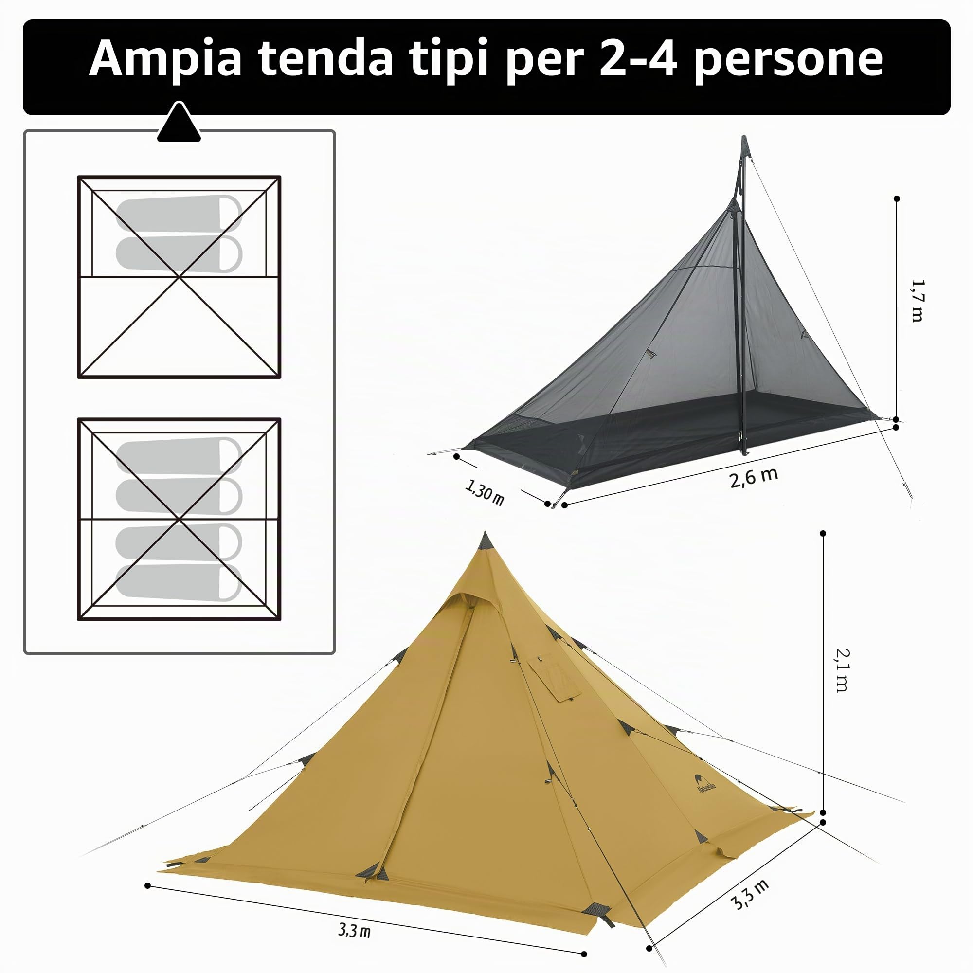 Naturehike Ranch Fire - Tenda termica per 2-4 persone, a piramide, per 4 stagioni, con attacco focolare, antivento, impermeabile, per viaggi invernali e riscaldamento