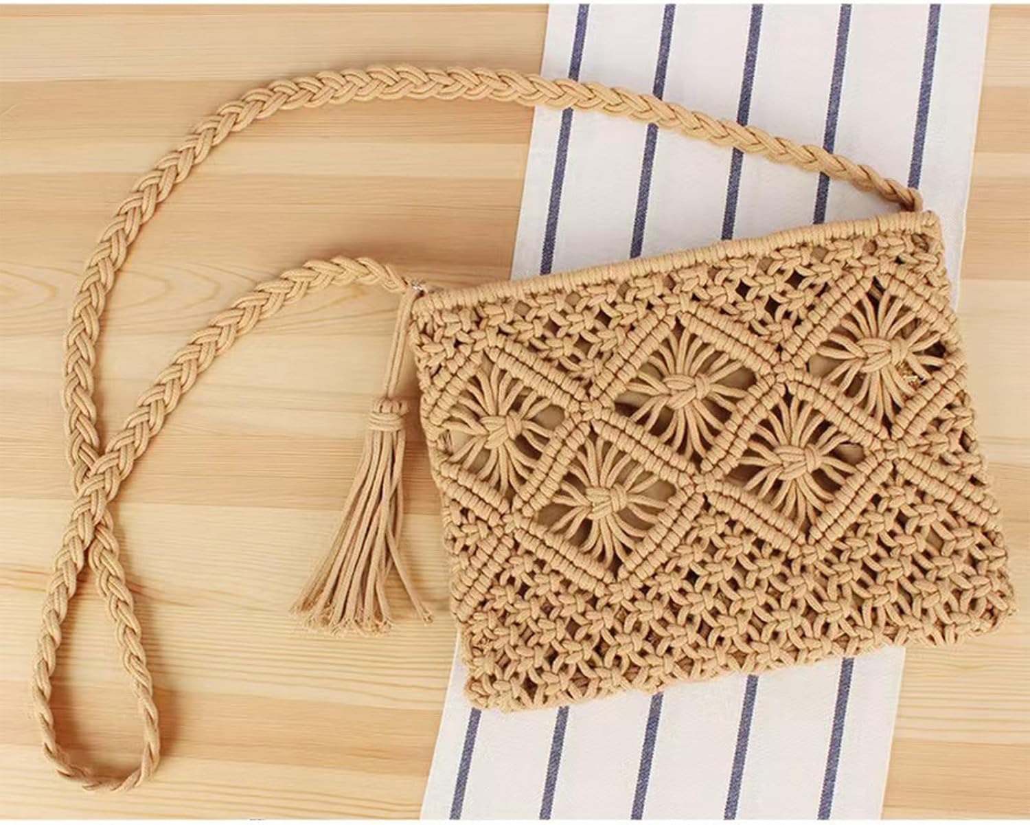 Handwoven Boho Crossbody Bag, Cotton Rope Purse, Crochet Beach Clutch with Tassel Summer