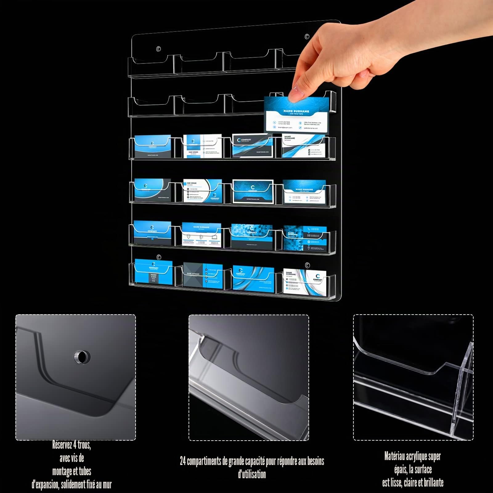 Lincia Porte-cartes de visite mural à 24 poches - Support horizontal en acrylique transparent - Pour documents et brochures - Organisation à suspendre pour bureau