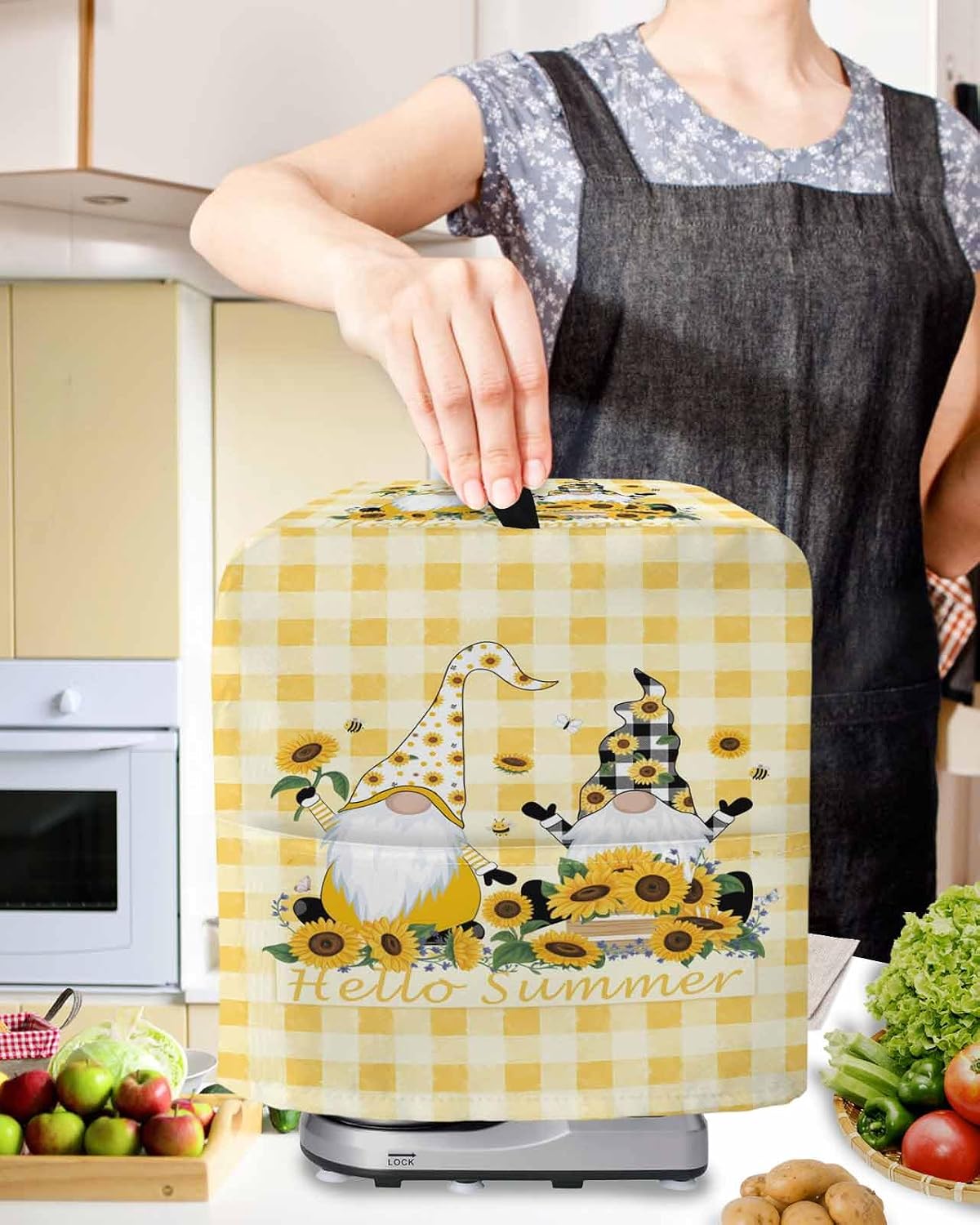 Gnomes Sunflowers Stand Mixer Cover with Storage Pocket, Waterproof Kitchen Mixer Covers, Pastoral Botanical Yellow Plaid Kitchen Appliance Dust Cover Compatible with 5-8 Quart Mixers