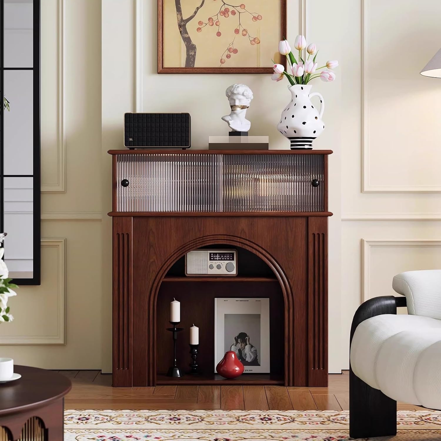 Pearl Mantels Arched Fireplace Cabinet with Ribbed Glass Doors Vintage Decorative Storage Fireplace Mantel Surround(Natural)