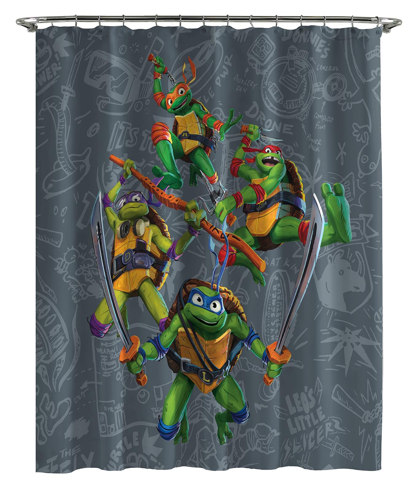 Jay Franco Nickelodeon Tenda da doccia in tessuto Tartarughe Ninja – Decorazione per bagno per bambini grigia con Leonardo, Raffaello, Michaelangelo e Donatello