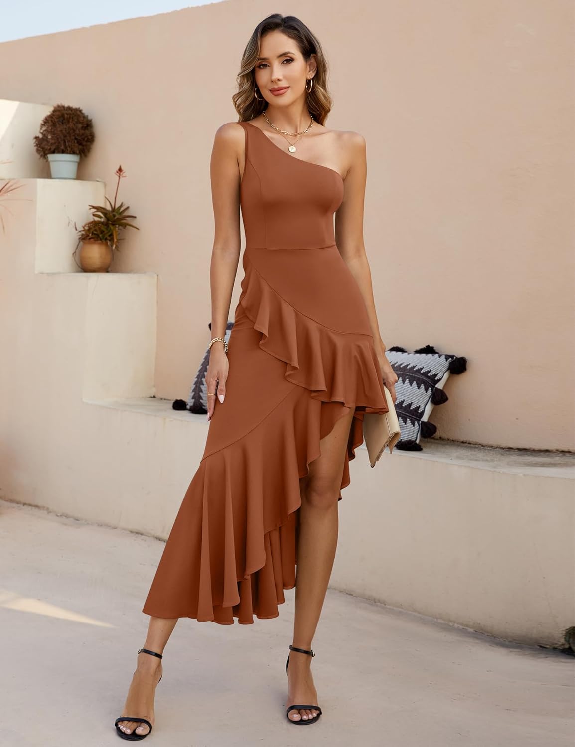 Women's One Shoulder Dress Sleeveless Midi Dresses Asymmetric Ruffle Bodycon Cocktail Party Dress - Image 3