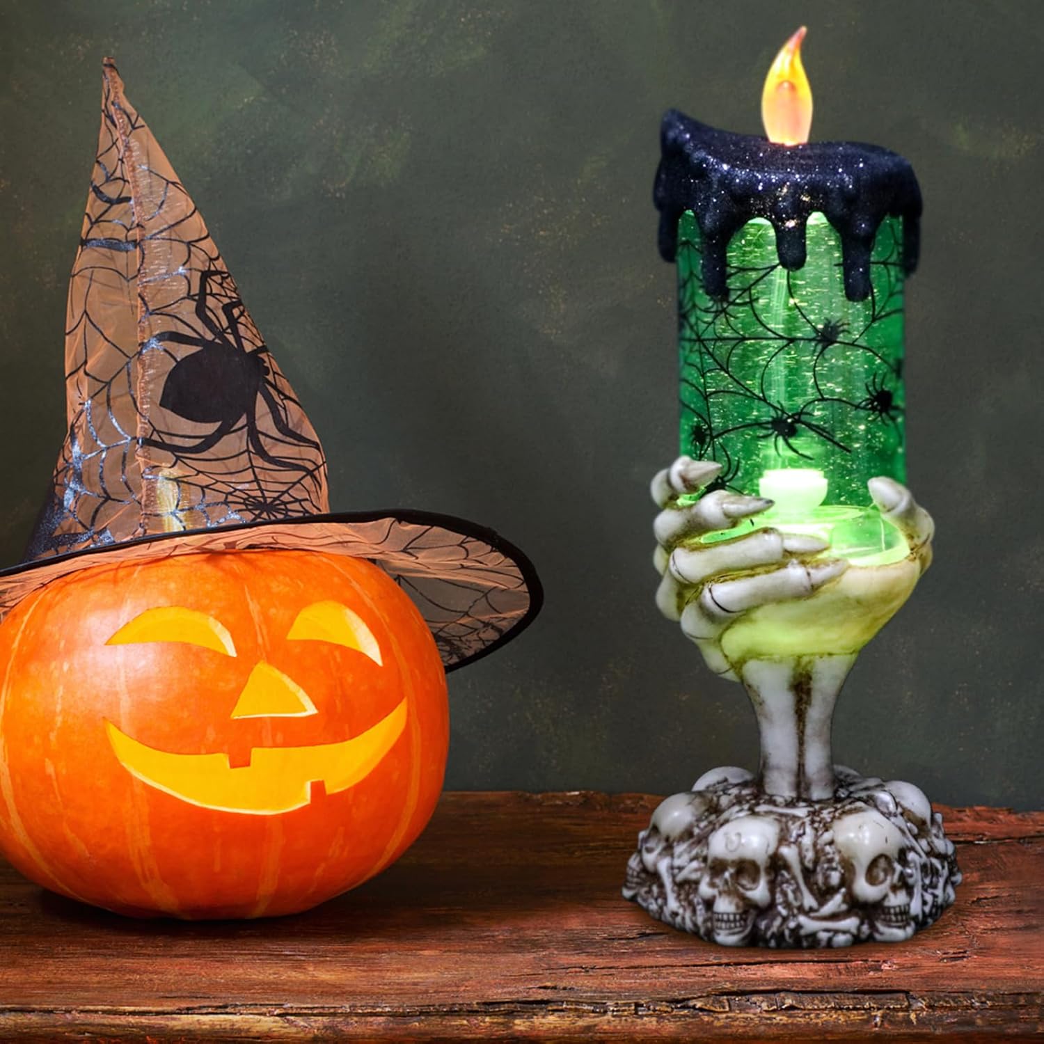 Halloween Snow Globe Flameless Candle with Timer, Battery Operated Tornado Lamp Skeleton Hand Candle Holder Green Light Glittering Spinning Water Halloween Table Decor(Spider, 4" x 10")