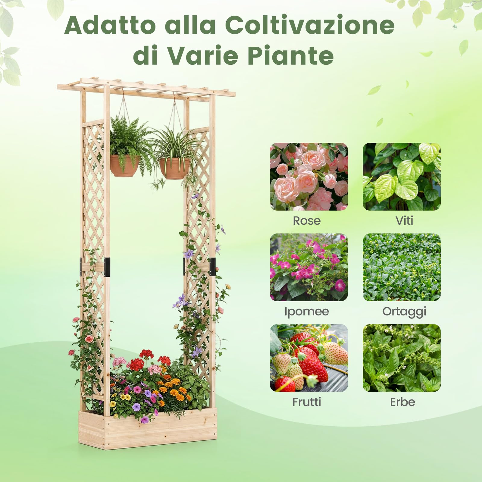 COSTWAY Fioriera Rialzata con Grigliato, Letto da Giardino Rialzato in Legno con Traliccio, Tetto e Fori di Drenaggio, Aiuola Elevata per Piante Rampicanti, Viti e Fiori (Naturale,110 x 35 x 227 cm)
