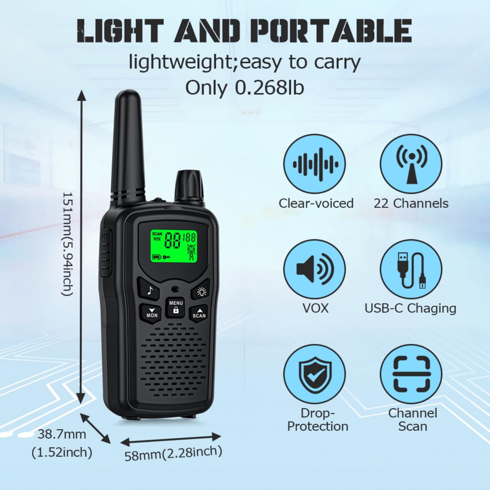 Walkie Talkie Long Range Walkie talkies with Rechargegable for Adults, 22 Channel FRS 2-Way Radios Walky Talky with LED Flashlight for Climbing, Camping Trip and Family Emergency Kit(2 Pack Black).