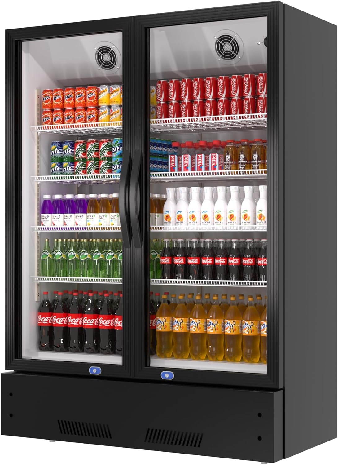 mikibama Commercial Merchandiser Refrigerator, 2 Glass Door Display Refrigerator, 18 Cu. Ft Upright Beverage Display Cooler, 8 Adjustable Shelves, 4 Strong Castors (Black, 18 cu.ft without Lightbox)