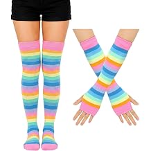 Striped Over Knee Socks Rainbow Thigh High Socks Gloves Set for Women Cosplay Costume