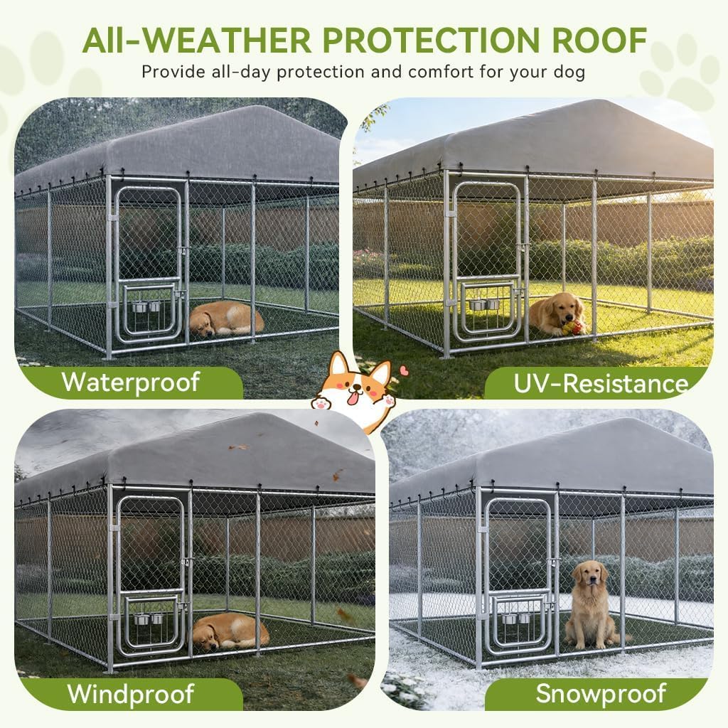 COMHOMA 10×10FT Outdoor Dog Kennel with Adjustable Bowls Feeder Heavy Duty Extra-Large Dog Enclosure with Roof & Lock All Weather Resistant for Medium Large Dogs