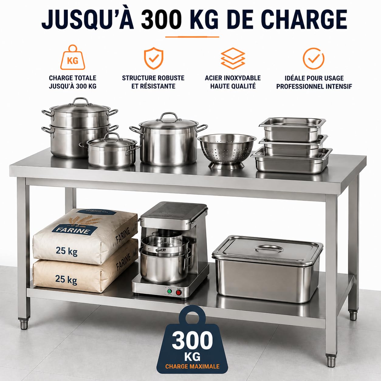 Table de Travail INOX Professionnelle Centrale et Étagère Basse – Charge 300 kg – Plan de Travail Cuisine Professionnelle CHR Restaurant Collectivité Laboratoire – 180 x 70 x 85 cm