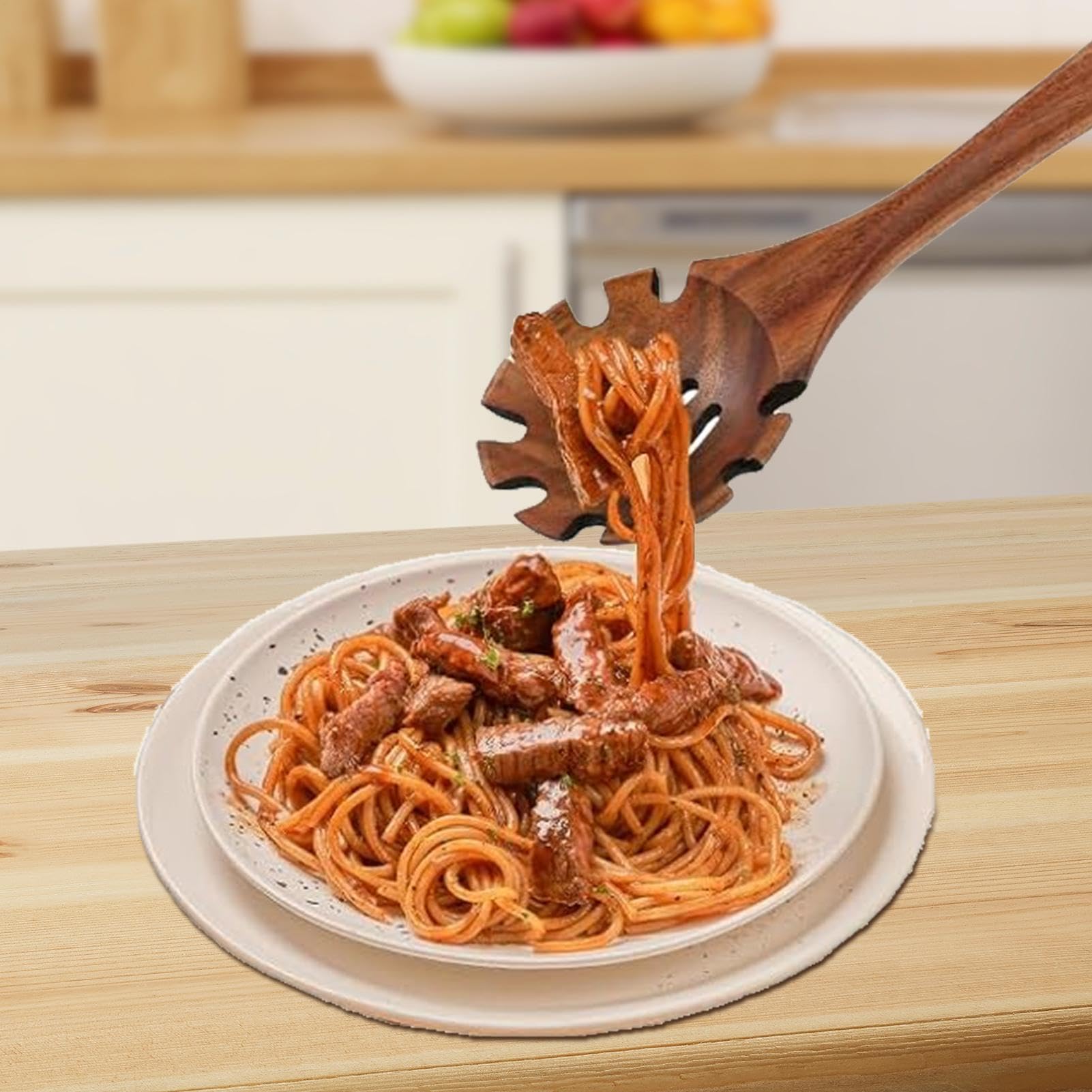 Cucchiaio Per Spaghetti In Legno Di Acacia 33 Cm - Mestolo Con Denti E Foro Per Appendere