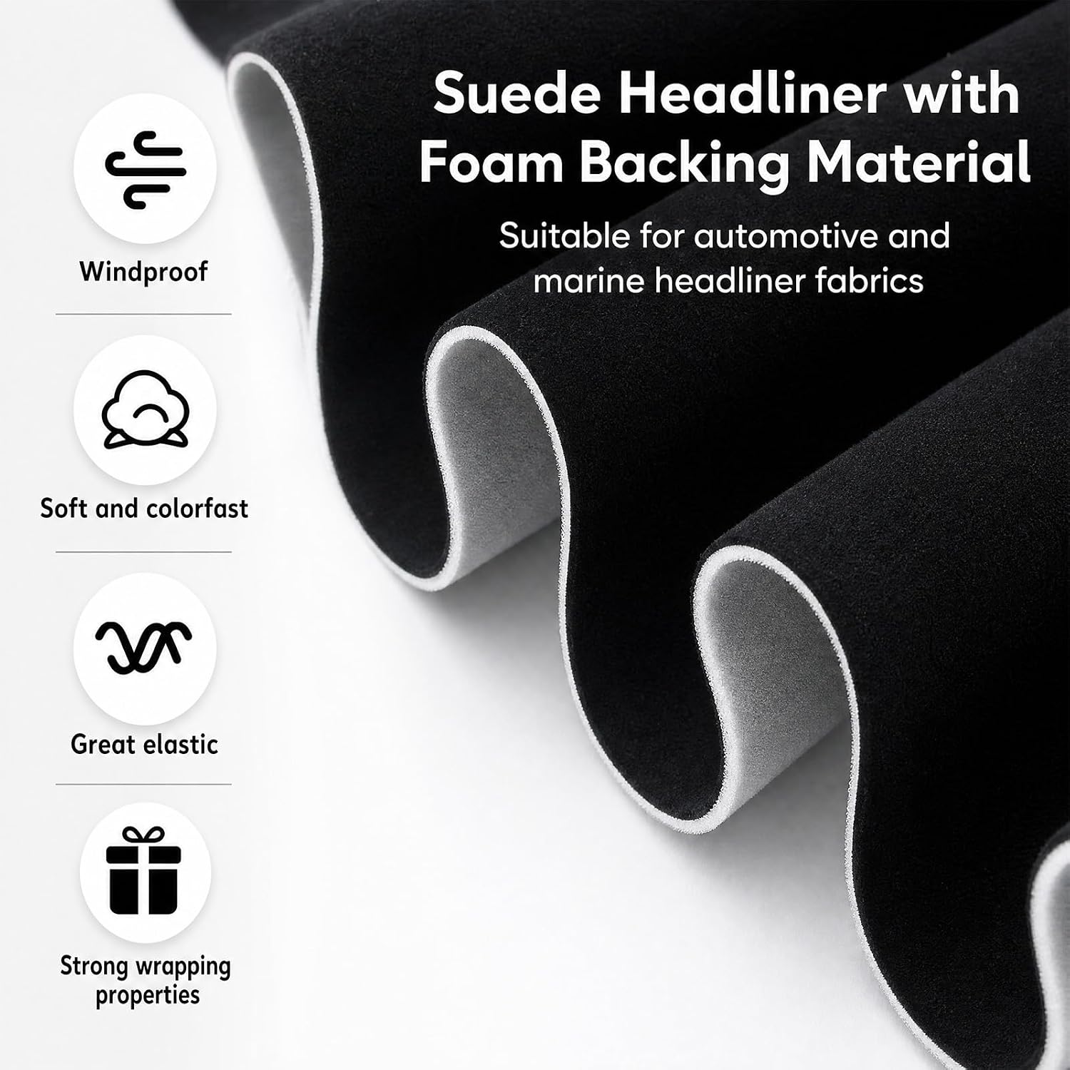 Black Suede Headliner Fabric 98 x 60'' with 1/9" Foam Backing, Automotive Interior Auto Roof Replacement Suede Material with Rubber Seam Roller and Knife for DIY RV Boat Ceiling Interior Repa