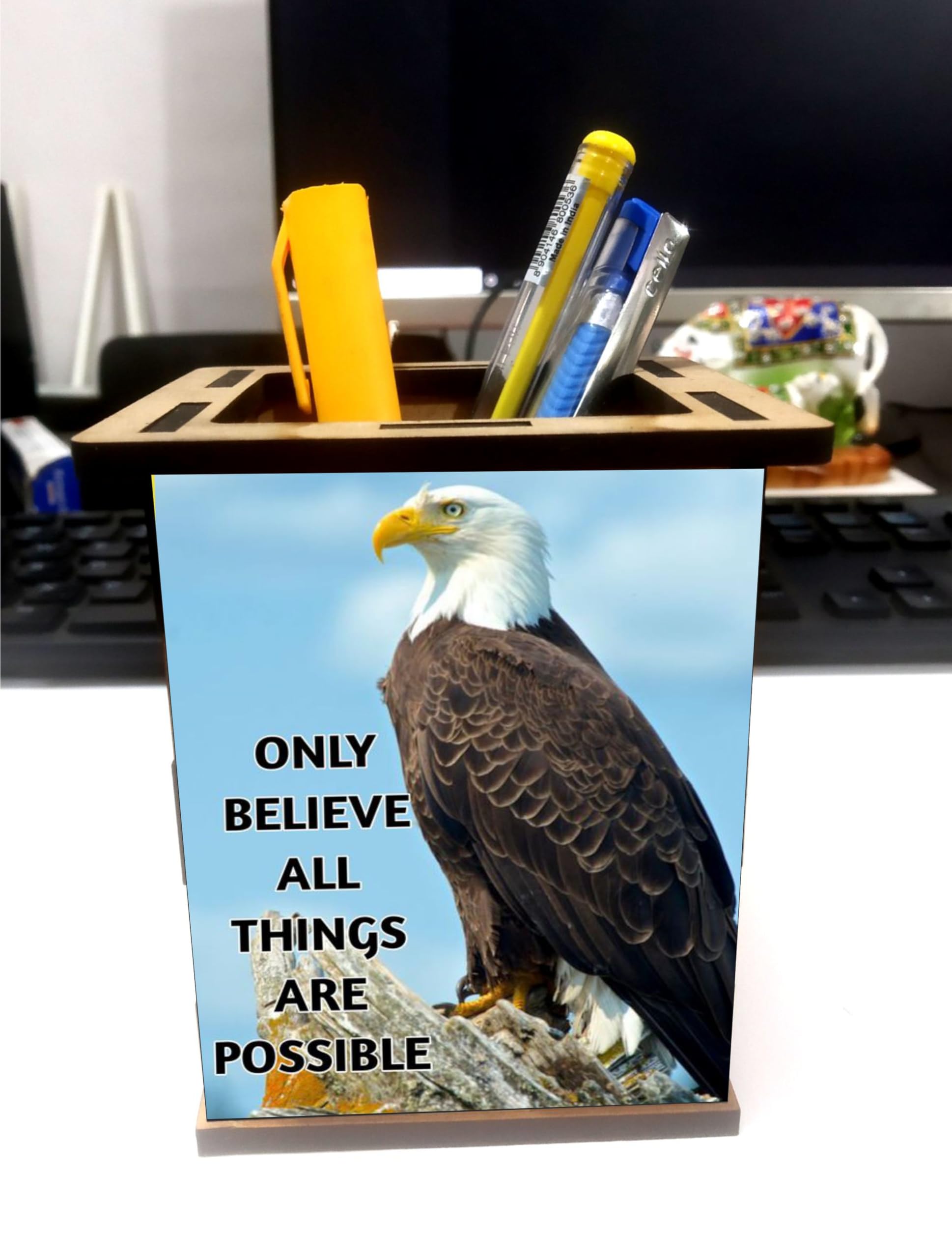 jwalpa Creation Wooden Pen Stand with Hand Painted photo Return Gift Office Stationery Pen Holder, Multicolor Desk Organizer Pen And Pencil Holder (Pigeon-pen-stand)