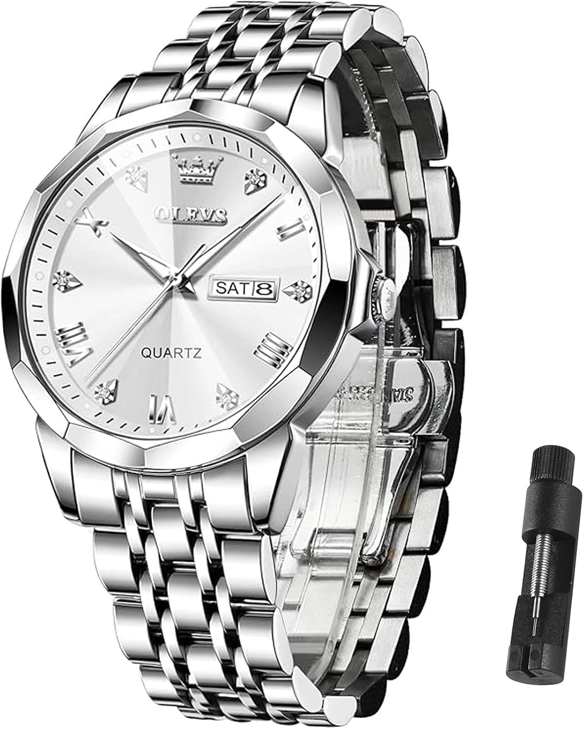 Men's Casual Stainless Steel Watch, Big Face Easy to Read Analog Quartz Watch with Day and Date, Classic Waterproof Diamond Roman Arabic Numerals Dial Dress Watch for Men, Gold Silver Black Band