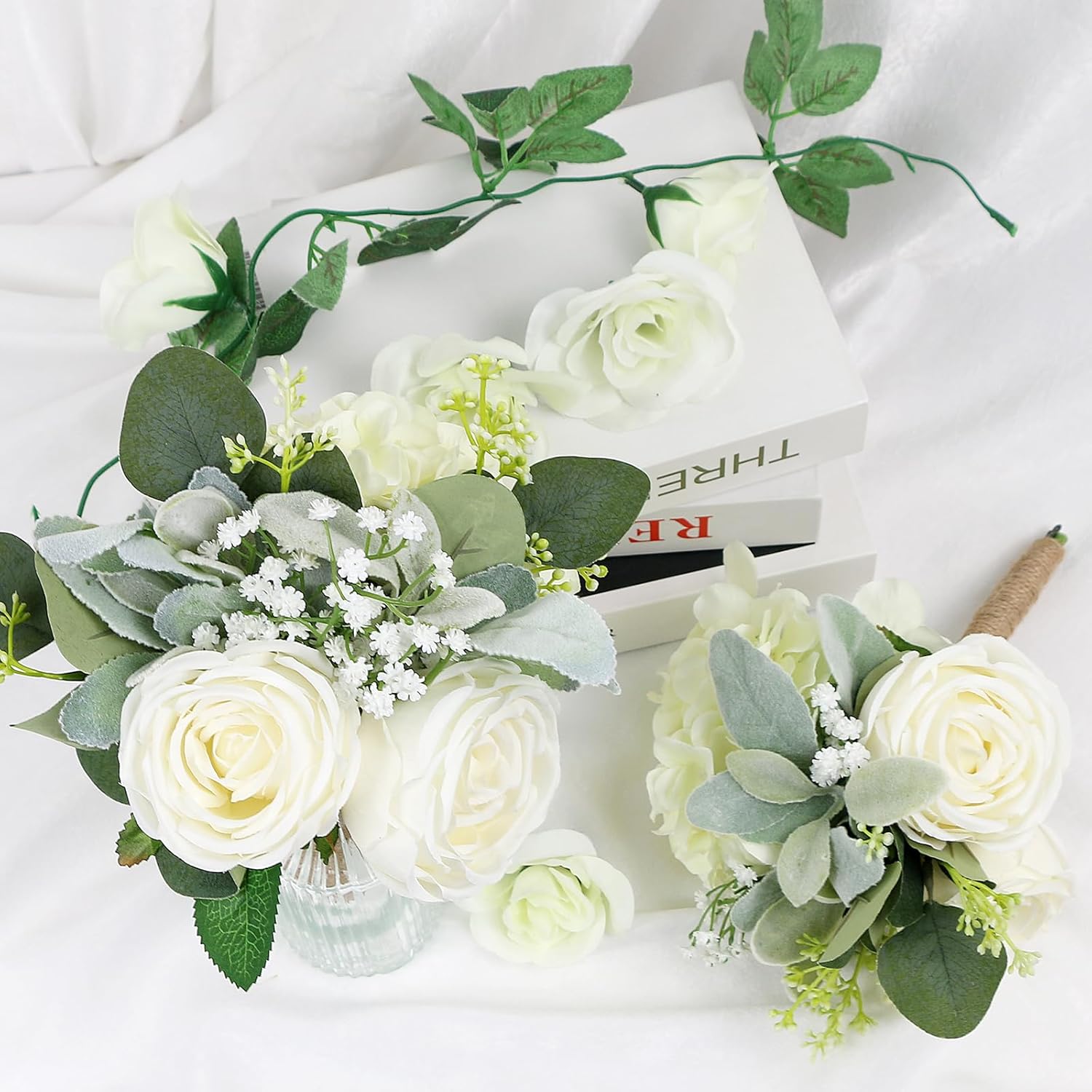 Bridesmaid Bouquets Set of 6 - Ivory White Artificial Flowers Bouquet for Bridesmaids Wedding Small Floral Centerpieces for Marriage Proposal Party Anniversary Dining Table Decor -7 Inch - Image 7