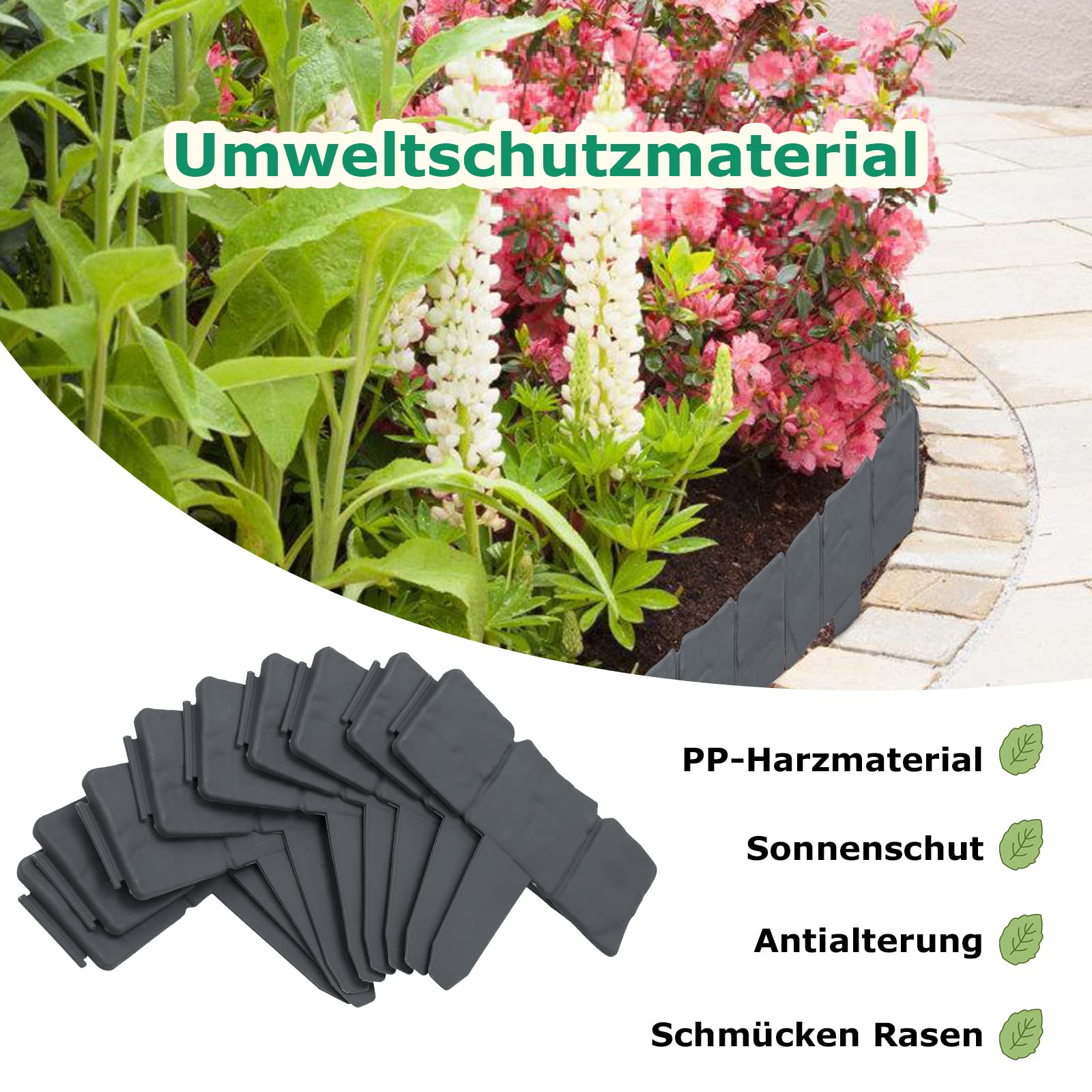 Bordo per prato in plastica, effetto pietra, in polipropilene, bordatura per aiuole e prato, recinzione decorativa da giardino, 1 pezzo (lunghezza x
