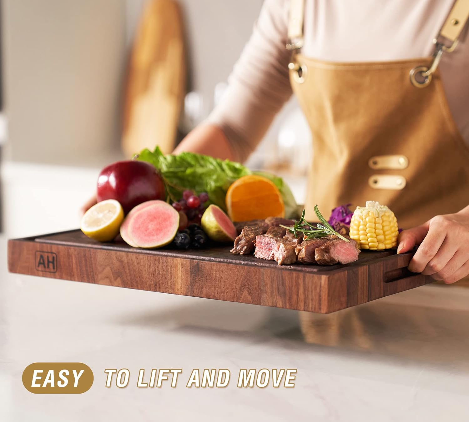 AZRHOM Large End Grain Walnut Wood Cutting Board 17x13x1.5 in Thick Butcher Block for Kitchen with Non-slip Mats Juice Groove & Handles (Gift Box) - Image 5