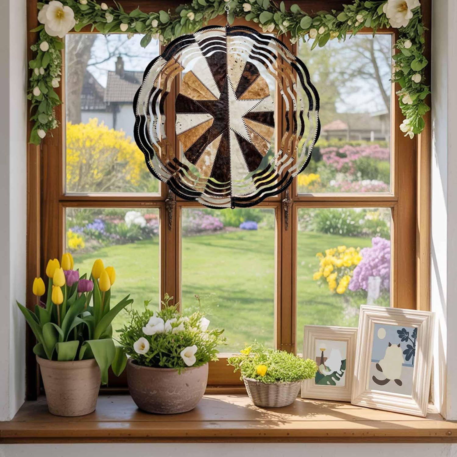 Western Star Wind Spinner for Garden Yard 12In, Rustic Abstract Farmhouse Brown Country Star Wood Style 3D Stainless Steel Kinetic Hanging Wind Spinners Rustproof Outdoor Decor for Lawn Patio Home