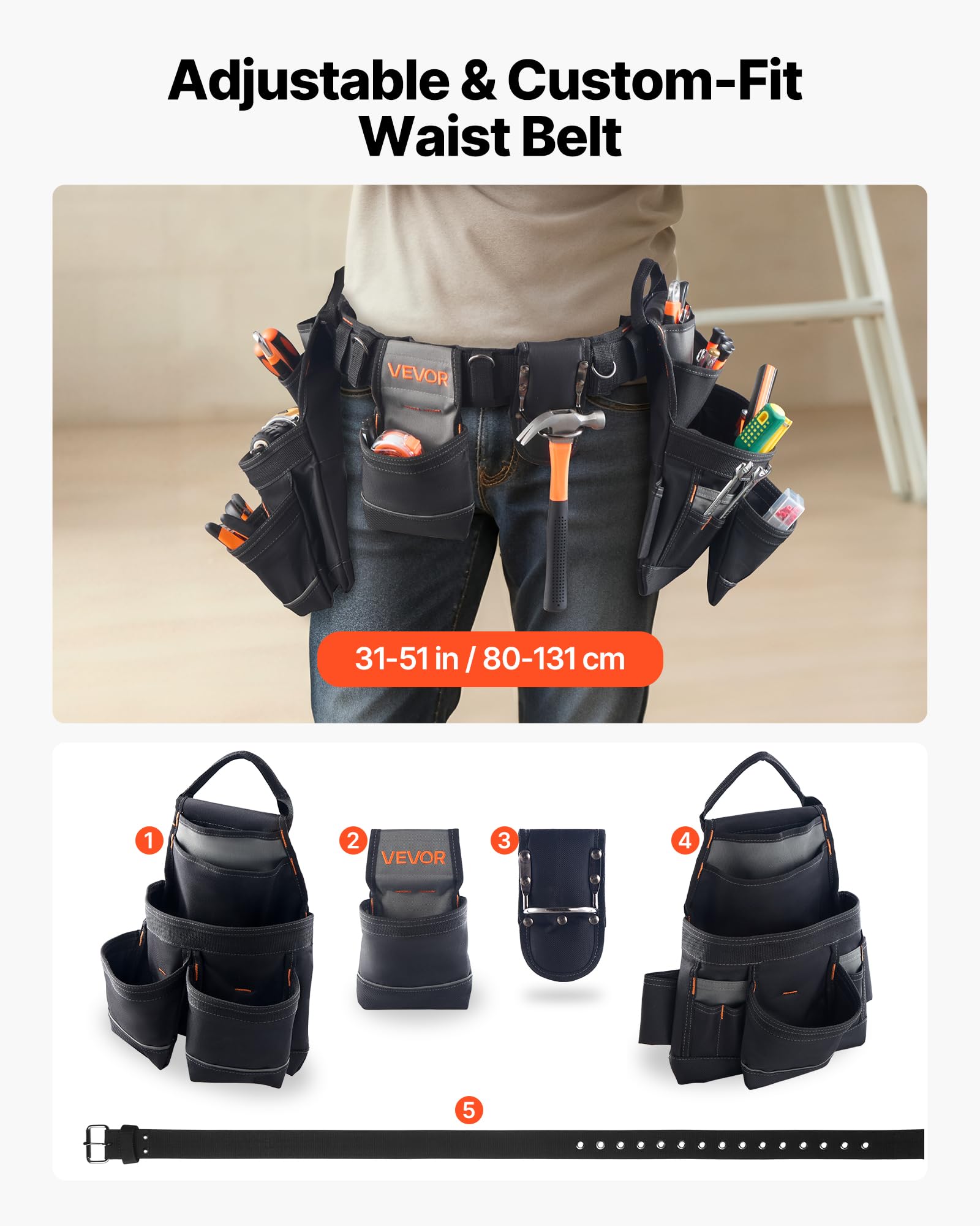 VEVOR Marsupio Porta Attrezzi da Elettricista con 18 Tasche, Borsa da Lavoro Staccabile per Elettricisti, Carpentieri, Costruttori, per Grembiuli da Lavoro, Vita Regolabile da 80 a 131 cm