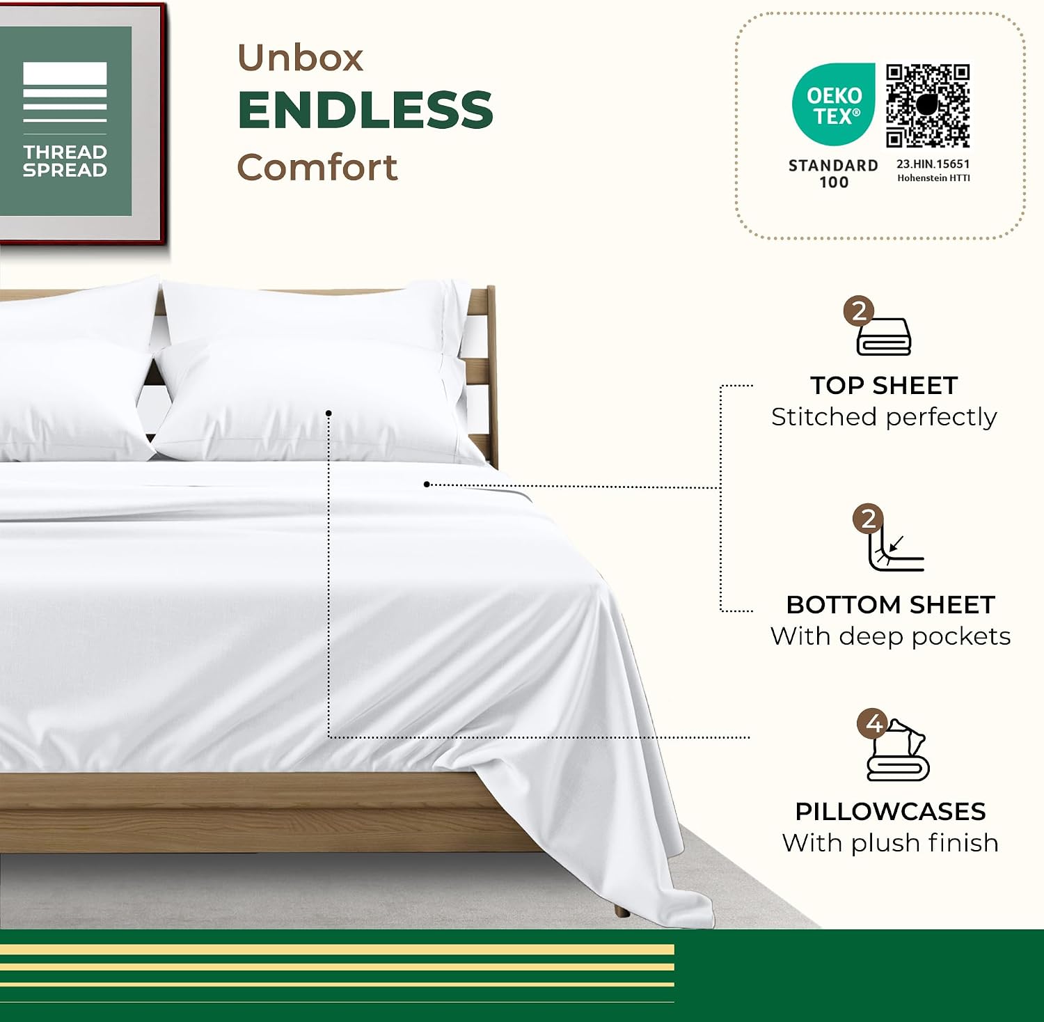 THREAD SPREAD 10 Piece Bedding Bundle - 100% Organic Cotton Percale Weave Pack of 2 Piece Sheet Set (Queen, White) and an Extra Pair of Matching Pillowcases image 2