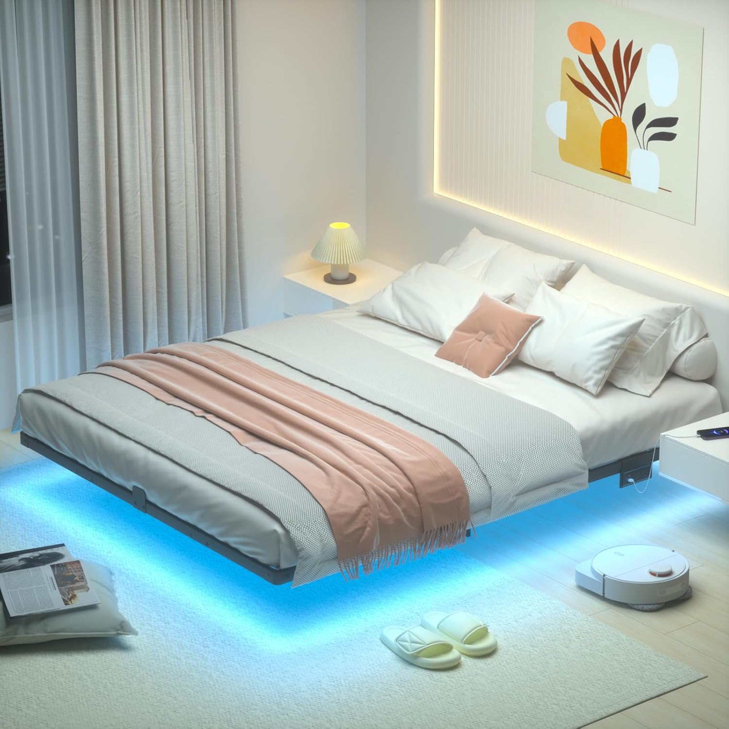 Queen Bed Frame, Floating Bed Frame Queen Size with Smart LED Lights & USB Charging Station, Metal Platform Double Bed Frame, Steel Slat Support, No Box Spring Needed, Easy Assembly HBF150BK