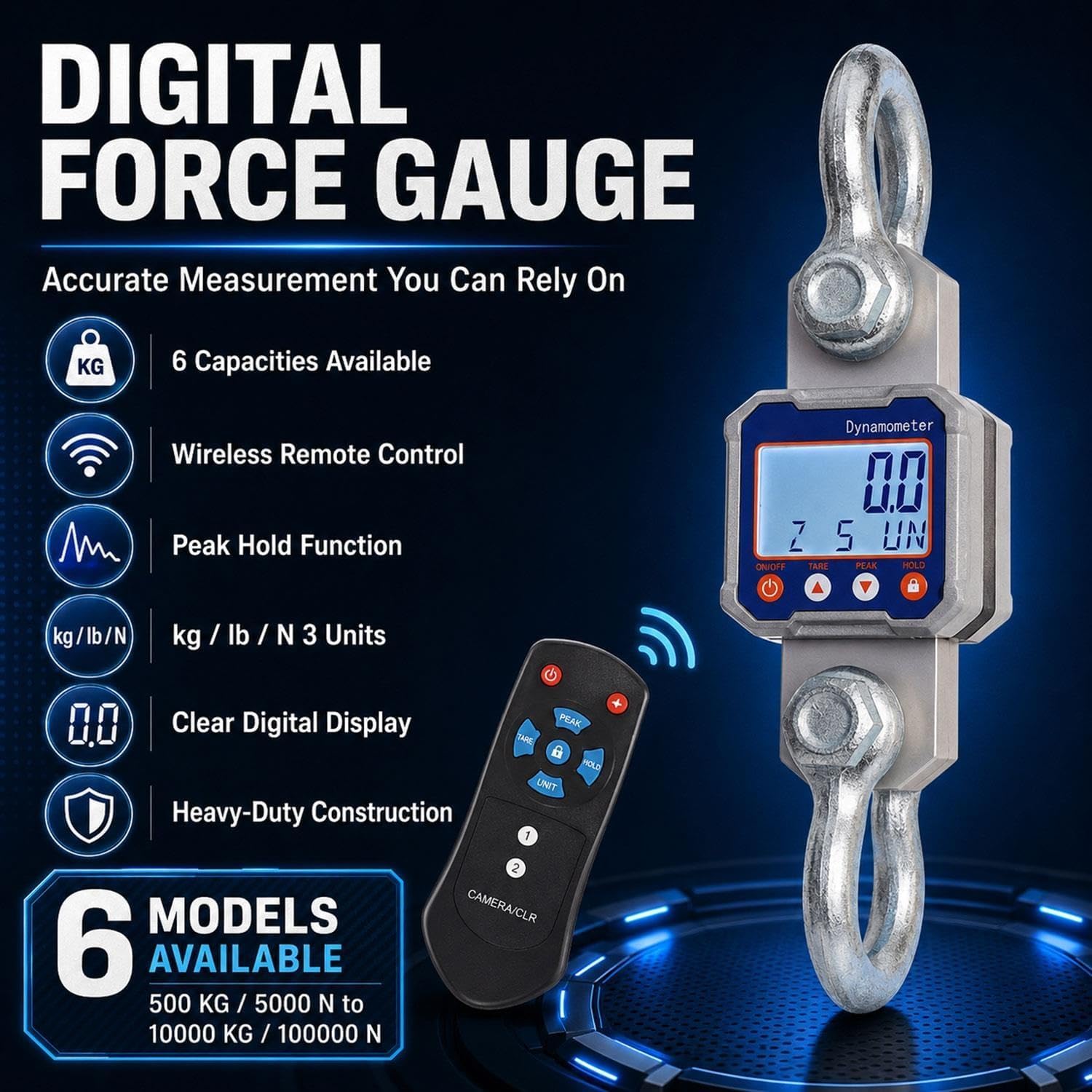 Balanza digital con dinamométrico para grú, ideal para fábricas y talleres. Balanza digital para grú con carcasa metálica, interruptor de 3 unidades y control remoto para talleres y fábricas.