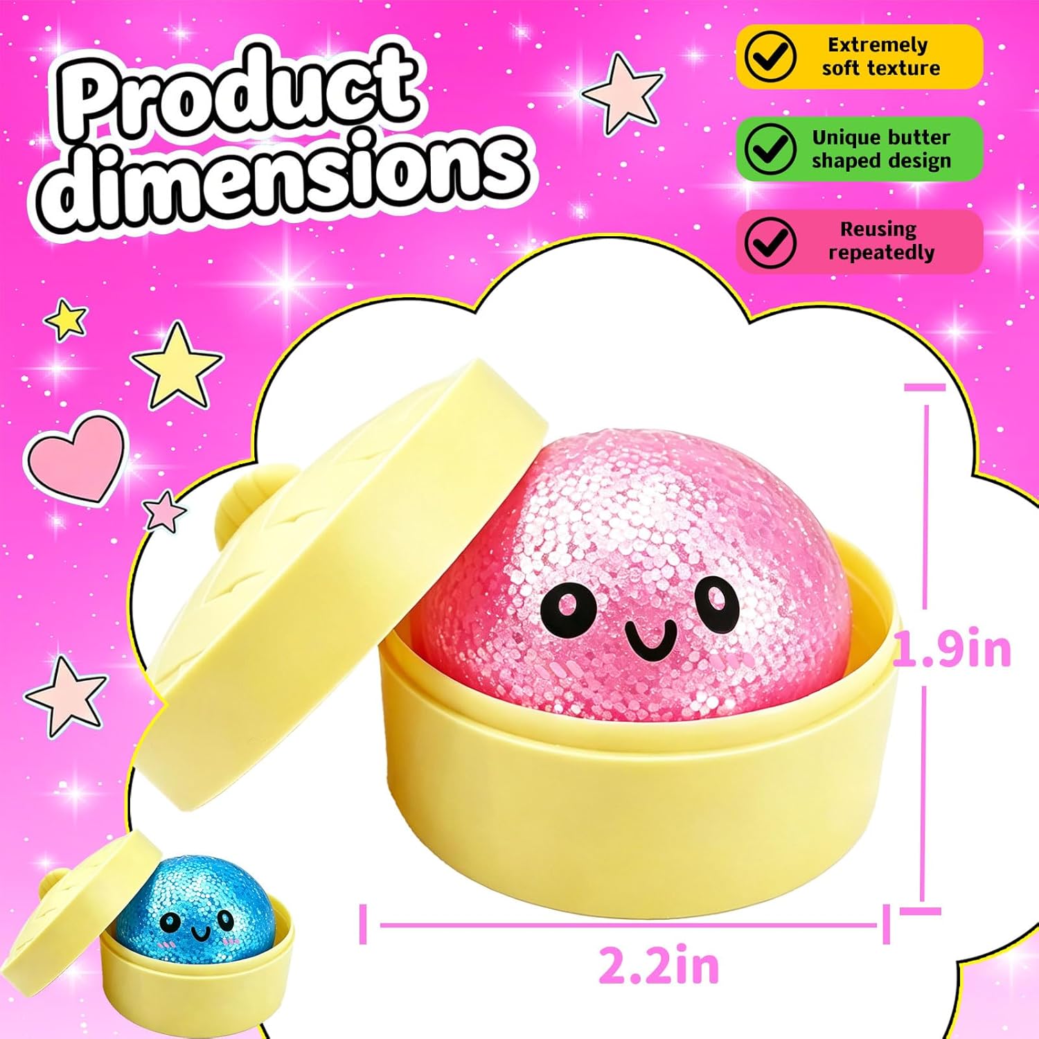 2 Pack Mini Dumpling Squishy Fidget Toys, Glitter & Bead Filled Stress Balls, Soft Slow Rising TPR Smiley Squeeze Toy, Tear-Resistant Sensory Toy for Stress Relief, Party Favors (Pink & Blue)