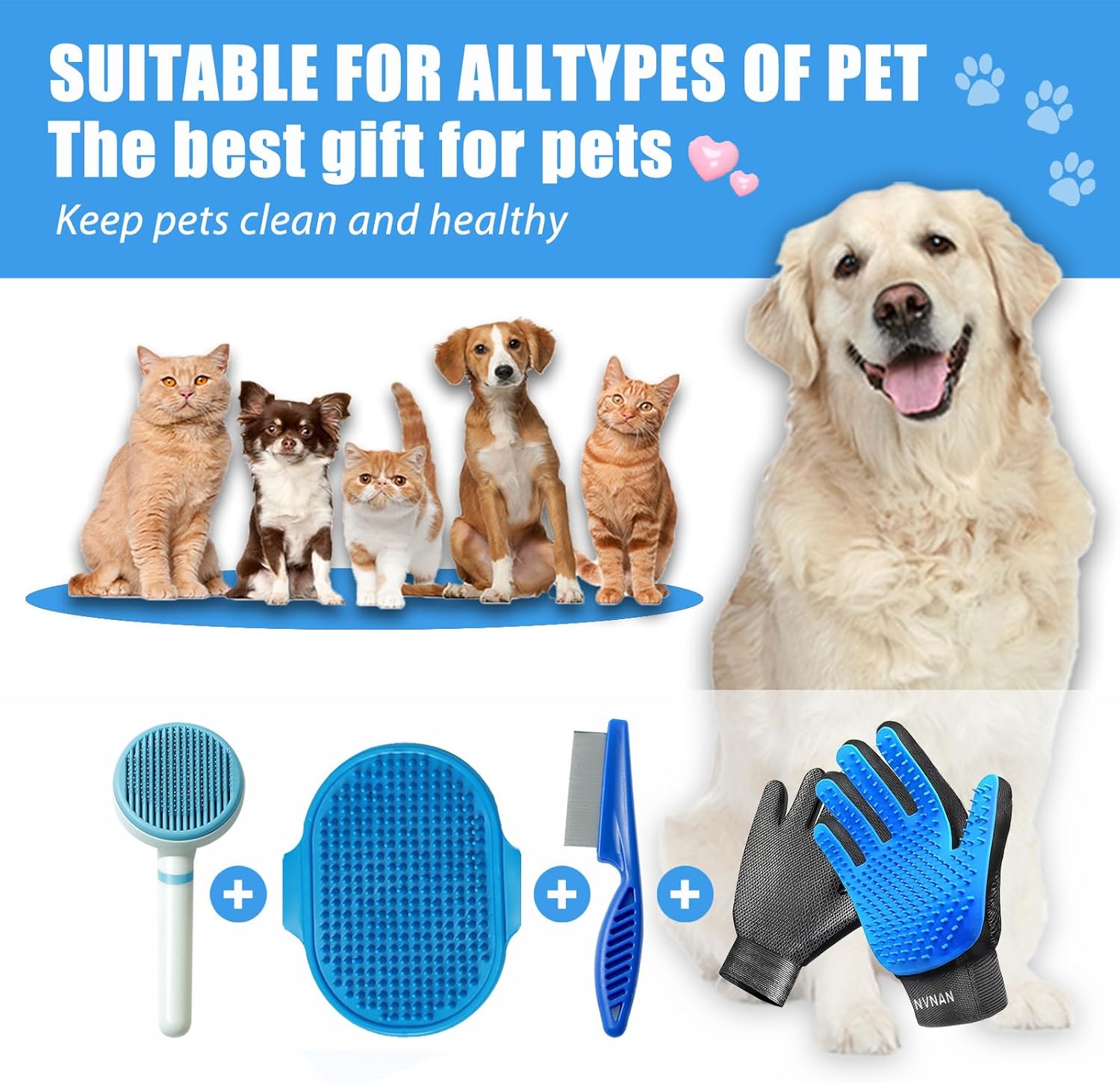 5 Piece Dog Grooming Brush Set with Grooming Gloves, Deshedding Comb & Massage Bath Brush | Dog Shampoo Brush - Multifunctional Pet Hair Removal Tools for Shedding, Bathing, Brushing (Blue) - Image 8
