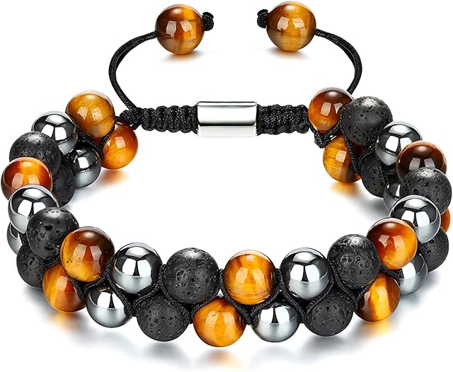 Bead Bracelet for Men,8mm Tigers Eye Black Obsidian Natural Stone Beads Elastic Bracelets Handmade Healing Protection Double Layered Bracelet Bracelets Gifts for Men Boyfriend Husband
