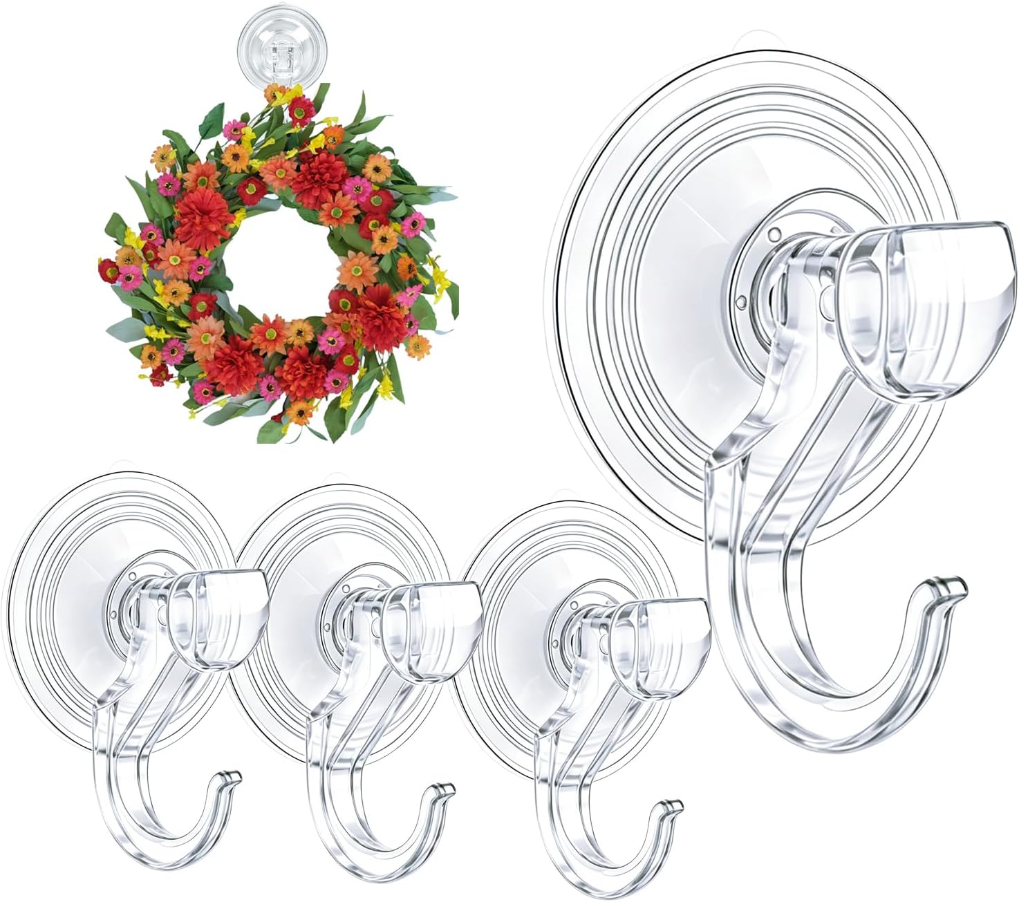 4 Pack Suction Cup Wreath Hooks, Clear Suction Cup Wreath Hangers for Front Door, Glass, Window, Shower, No Tools No Damage,Removable and Reusable, Fits for Smooth Surfaces,Hold Up to 15 lbs