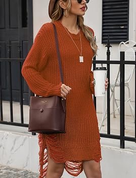 ripped oversized sweater dress Buy Women Oversized Loose Long Pullover Sweater Dress Winter Knit Ripped Jumper Tops Orange S at Amazon.in