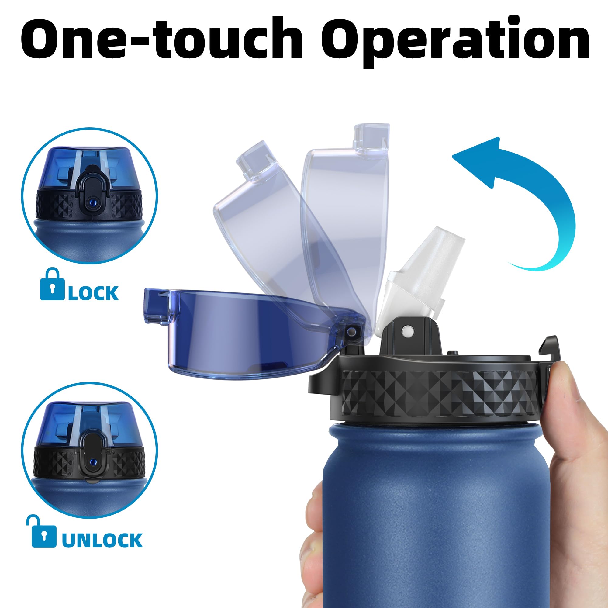 OLDLEY Stainless Steel Water Bottle with Straw 1L Vaccum Insulated Large Drink Flask Metal Water Bottles 1 Litre Leakproof Keep Drinks Hot Cold for Sports Gym Travel Adult Women Men(Blue Black - Image 4