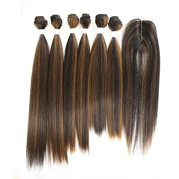 X-TRESS Synthetic Hair Bundles with Closure Black Ombre Medium Brown Balayage Yaki Straight Weft Weave Swiss Lace Hair Extension Heat Resistant