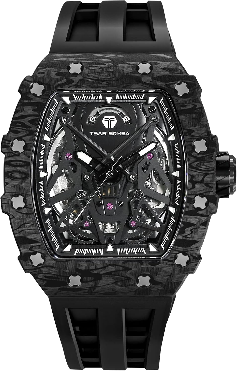 TSAR BOMBA Men's Mechanical Watch Luxury Skeleton Analogue Watches for Men 50M Waterproof Tonneau Work Mens Wrist Watch Original Design Square Big Face Cool Wristwatch Silicone Strap