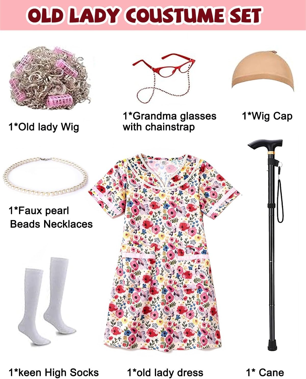 Kids 100 Days of School Costume for Girls, Old Lady Costume wig dress and Granny Grandma Set for Child - Image 4