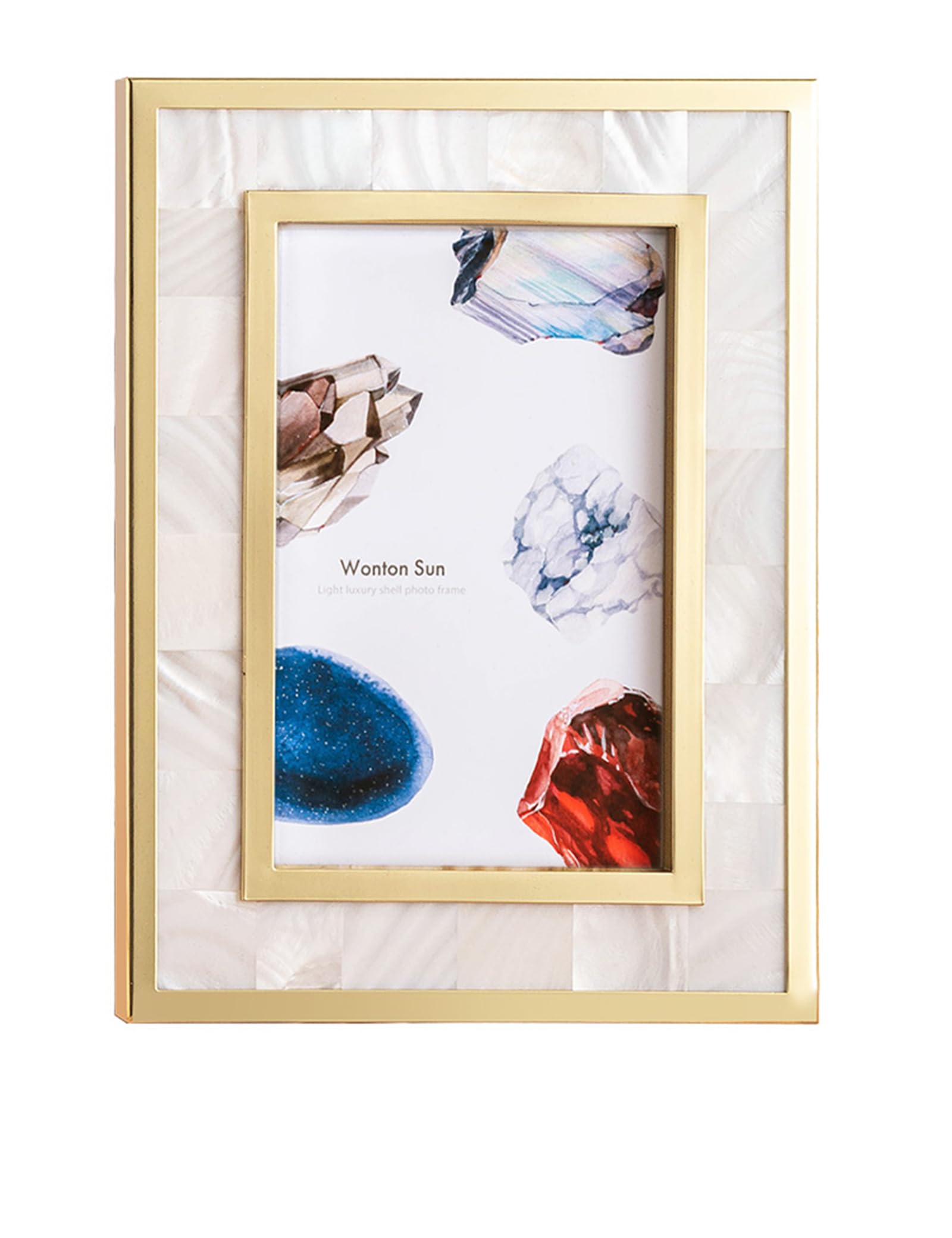 JIANCHEN Mother of Pearl Picture Frame, Natural Shells Mosaic Picture Frame, Metal Frame Ornate Picture Frames Tabletop Photo Frame,Gold,5x7