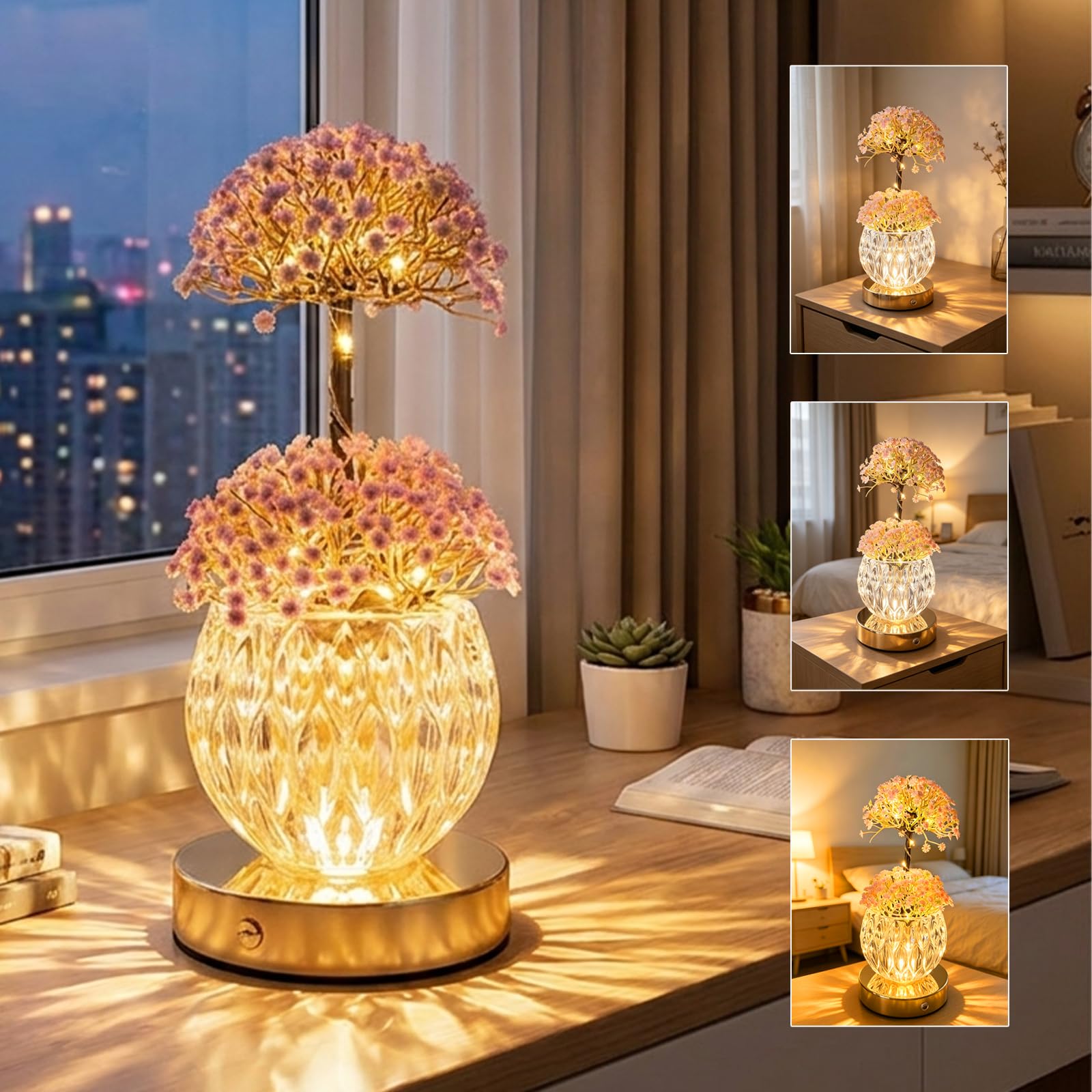 PHOEWON Flower Table Lamp, Crystal Dandelion LED Night Light with Artificial Flowers
