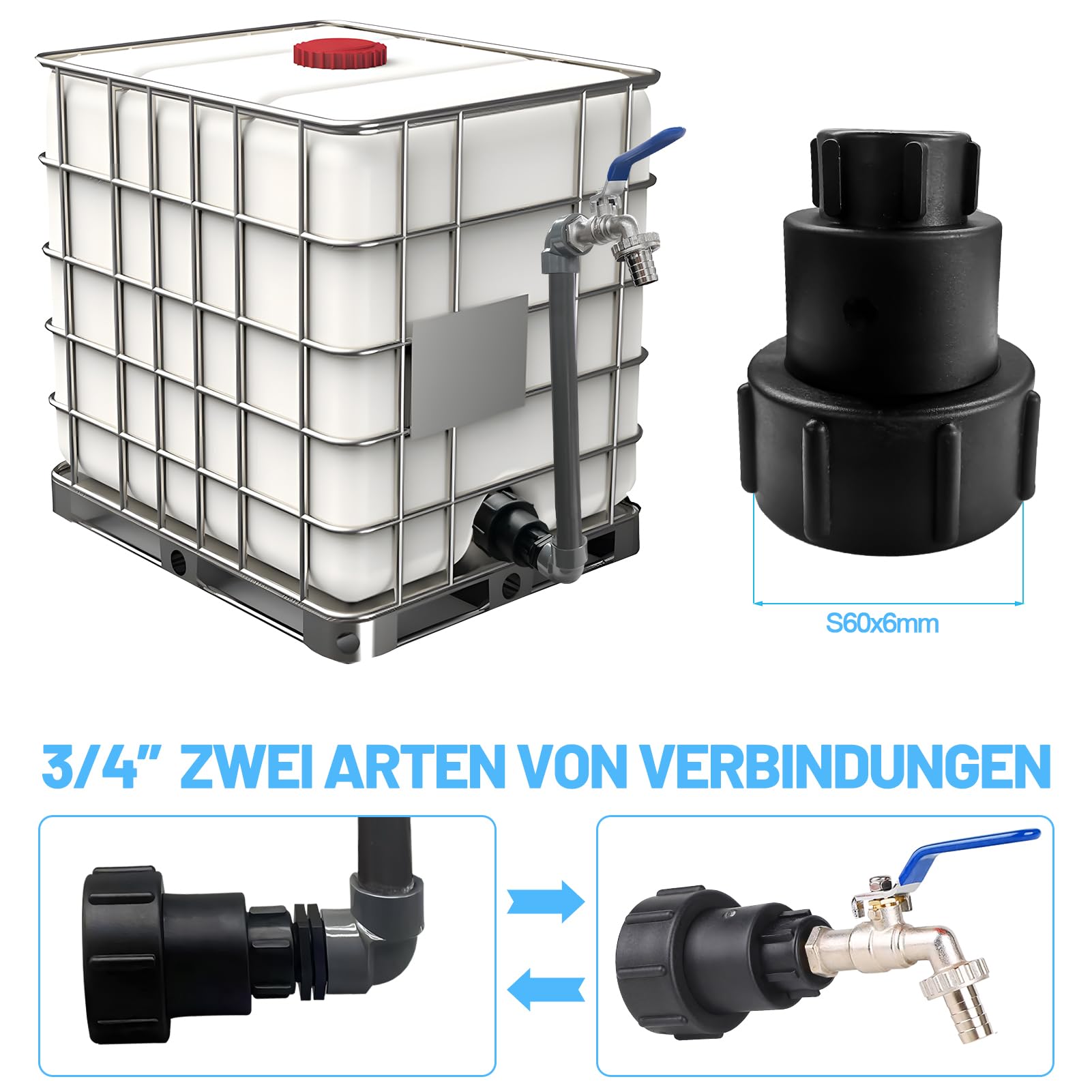 Robinet Cuve 1000L 3/4" S60X6 IBC, 2 en 1 Extension Intégrée, Raccord Cuve 1000 litres, Robinet Col de Cygne de Cuve, Adaptateur de Réservoir IBC Adaptateur Cuve (3/4")
