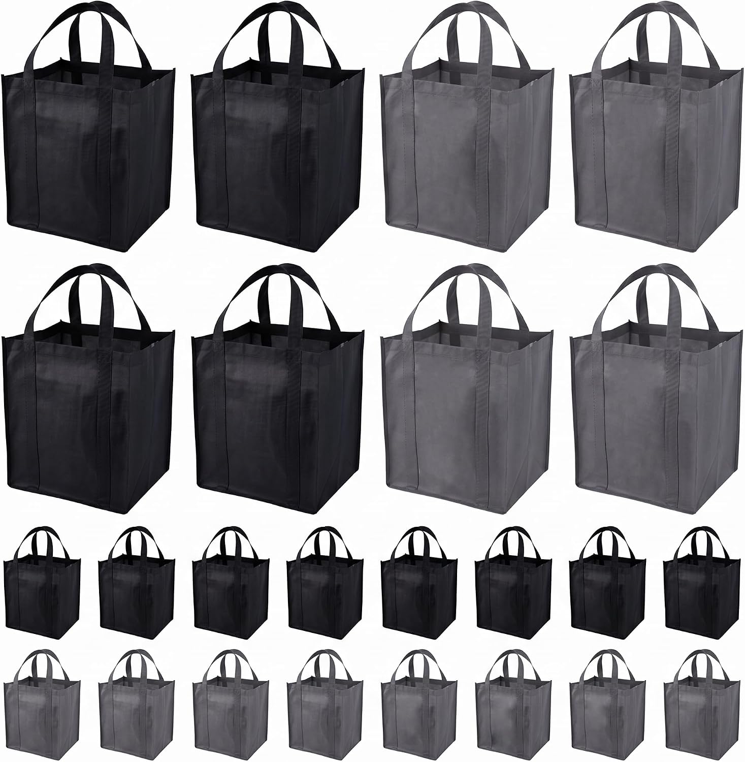 24 Pcs Reusable Grocery Bags, Large Shopping Bag, Heavy Duty Washable Foldable Bag, Grocery Bags with Reinforced Handles (Black, Gray)