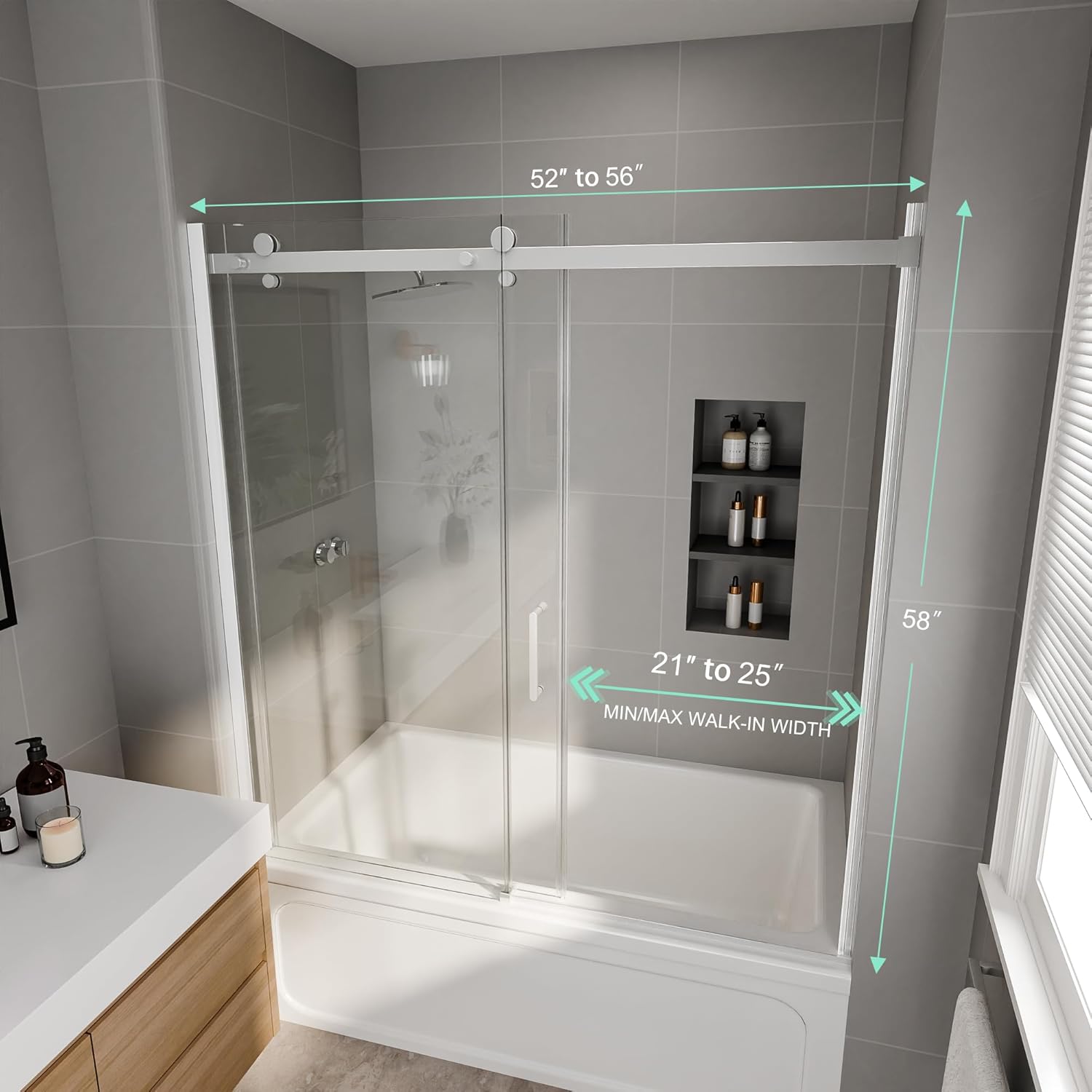 Sliding Shower Door for Bathtub, 52-56” W x 58” H, Frameless Glass Panel 5/16-Inch Clear Tempered Glass, Reversible Installation, Chrome Finish, Single Sliding Panel with Stainless Steel Handle