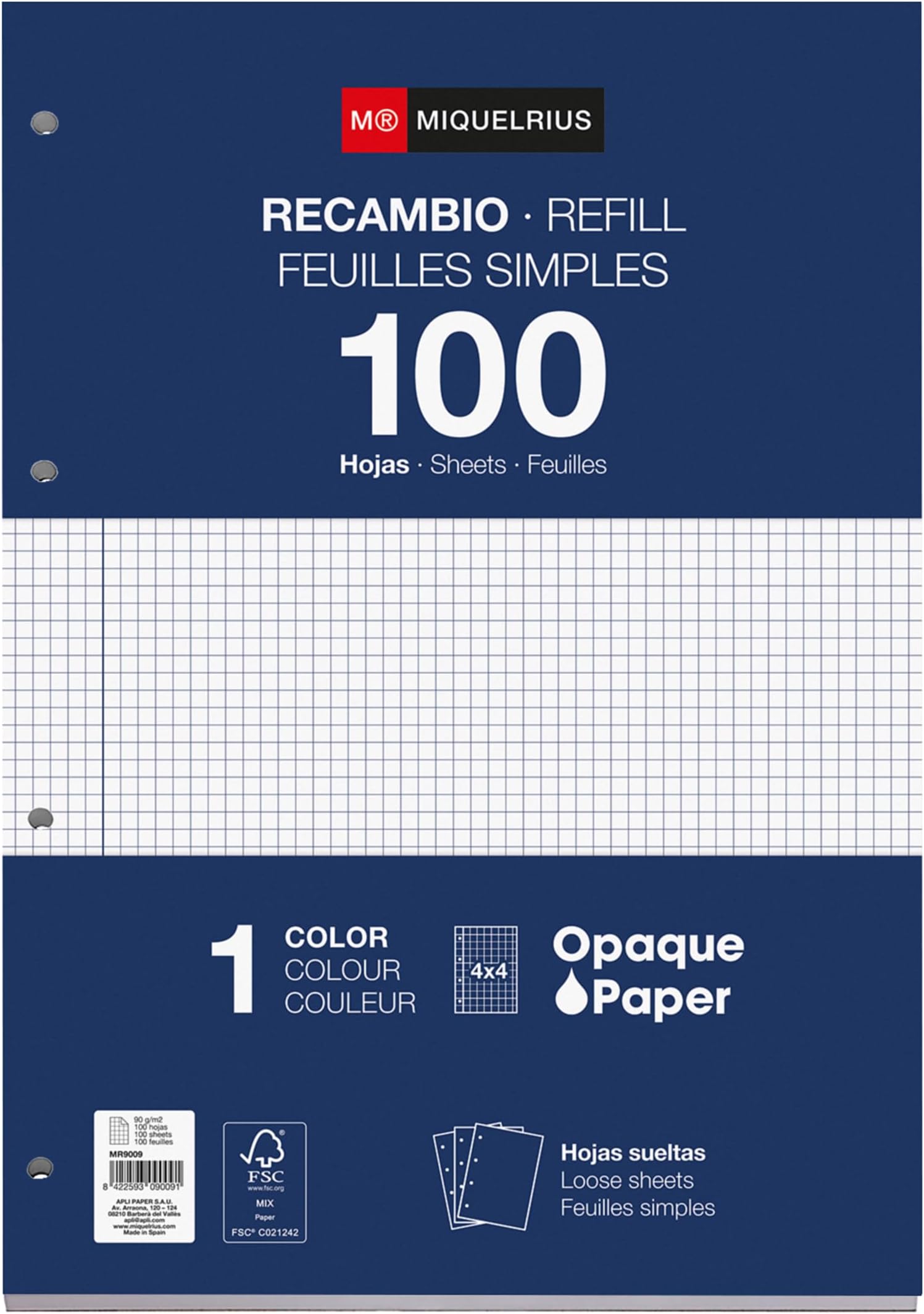 Miquelrius - Refill 100 Sheets, 4 mm Grid and Margin, A4 Size, 4 Holes, 90 g/m² Paper