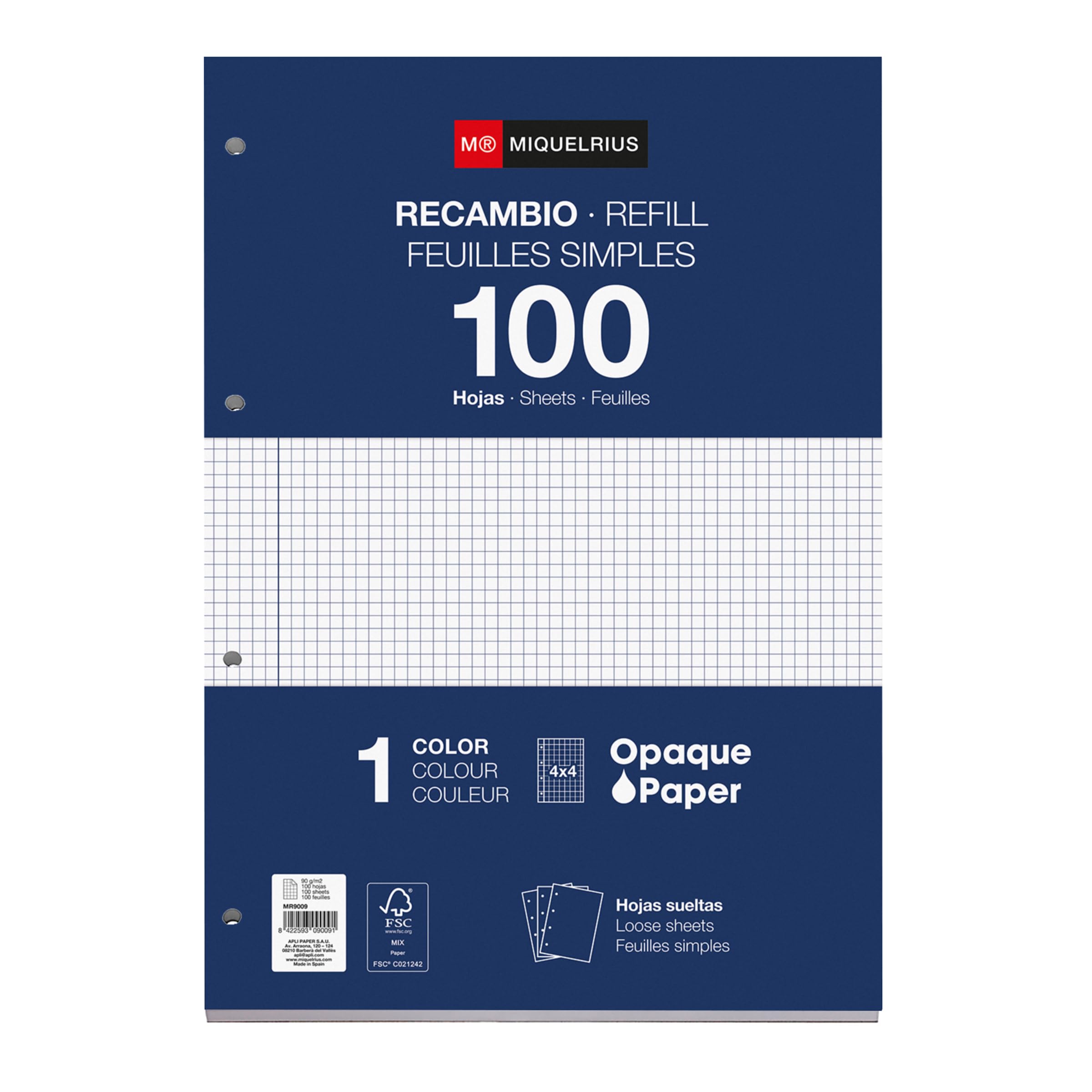 Miquelrius - Refill 100 Sheets, 4 mm Grid and Margin, A4 Size, 4 Holes, 90 g/m² Paper