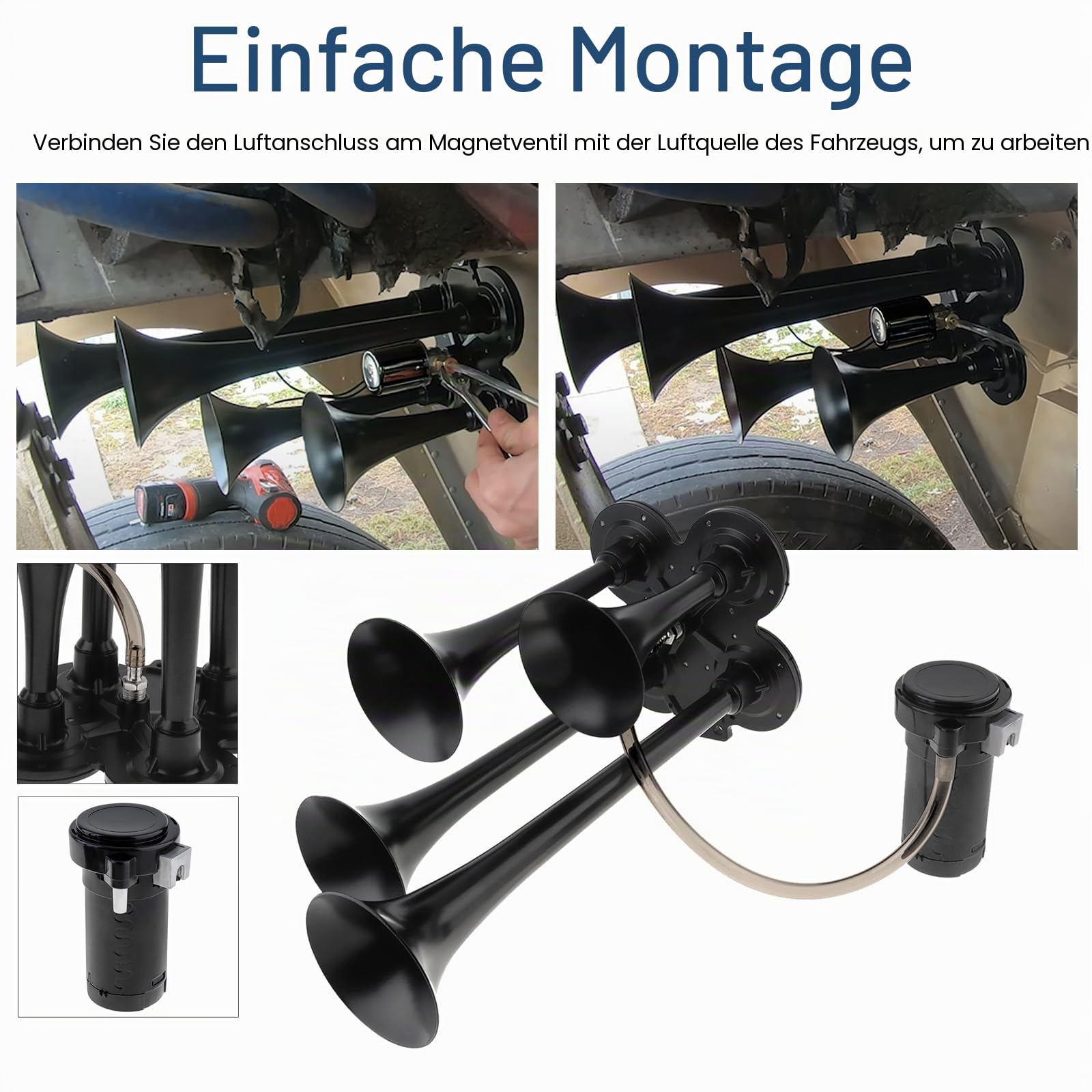 Zughorn-Set, 4-Trompeten-Lufthorn-Set, super lautes 12 V und 185 dB Zughorn aus Luft für Trucks, 4-Trompeten-Lufthorn mit Kompressor für Fahrzeuge